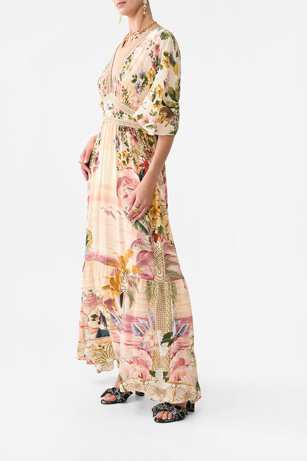 WAISTED DRESS WITH HEM RUFFLE WELCOME TO THE WHITE LOTUS