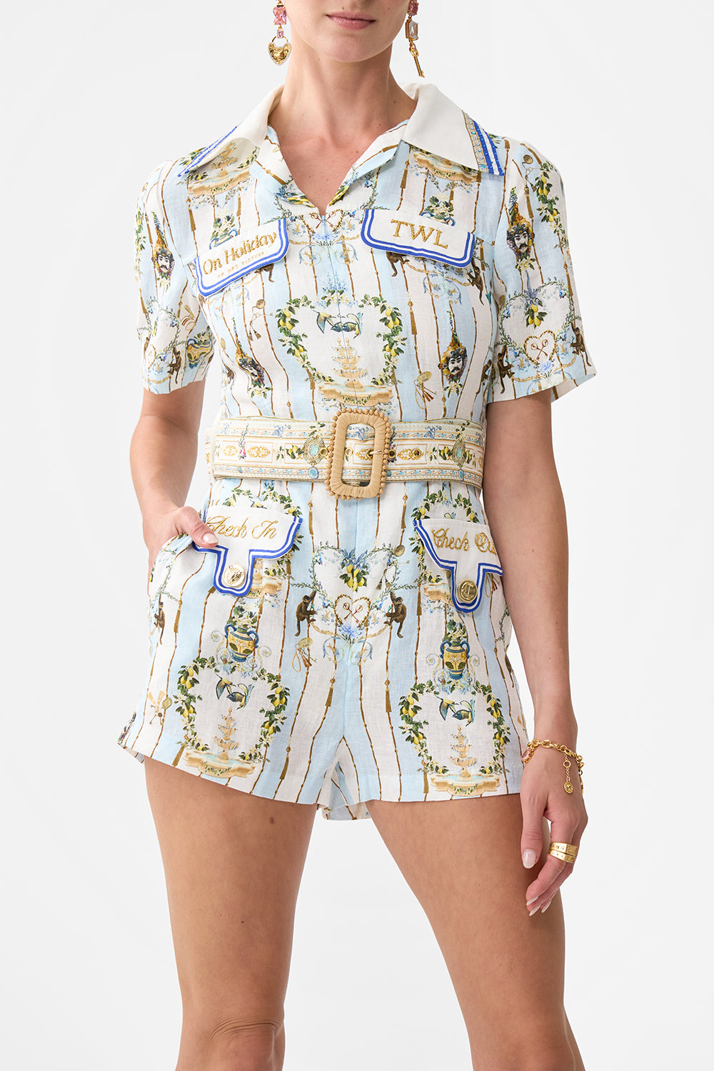 The CAMILLA OFF SHOULDER SHORT DRESS TILES DARLS in our  print.