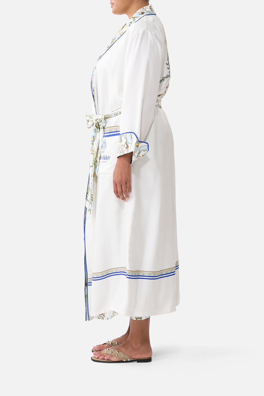 The CAMILLA TIE SLEEVE SHORT V NECK KAFTAN JUST COASTING in our  print.