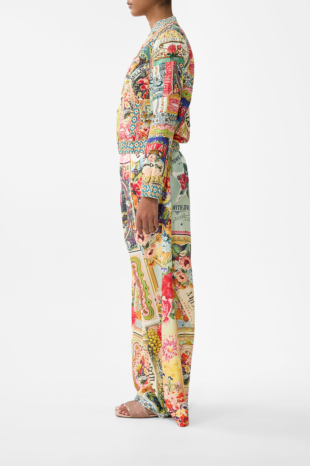 The CAMILLA FLARED SLEEVE DRESS TILED IN TIME in our  print.