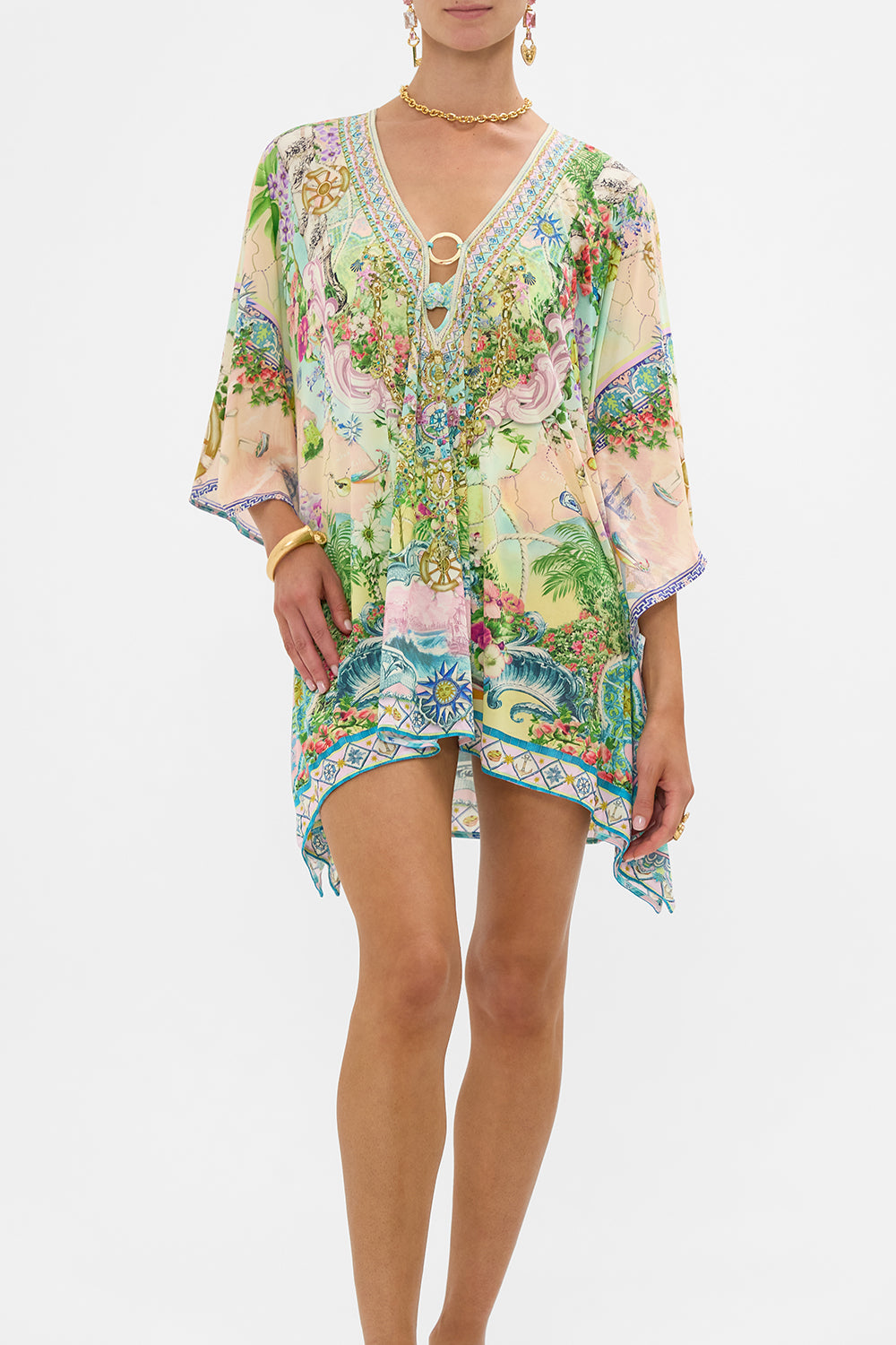 The CAMILLA Short V Neck Kaftan With Ring Front Trim in our Just Coasting print.