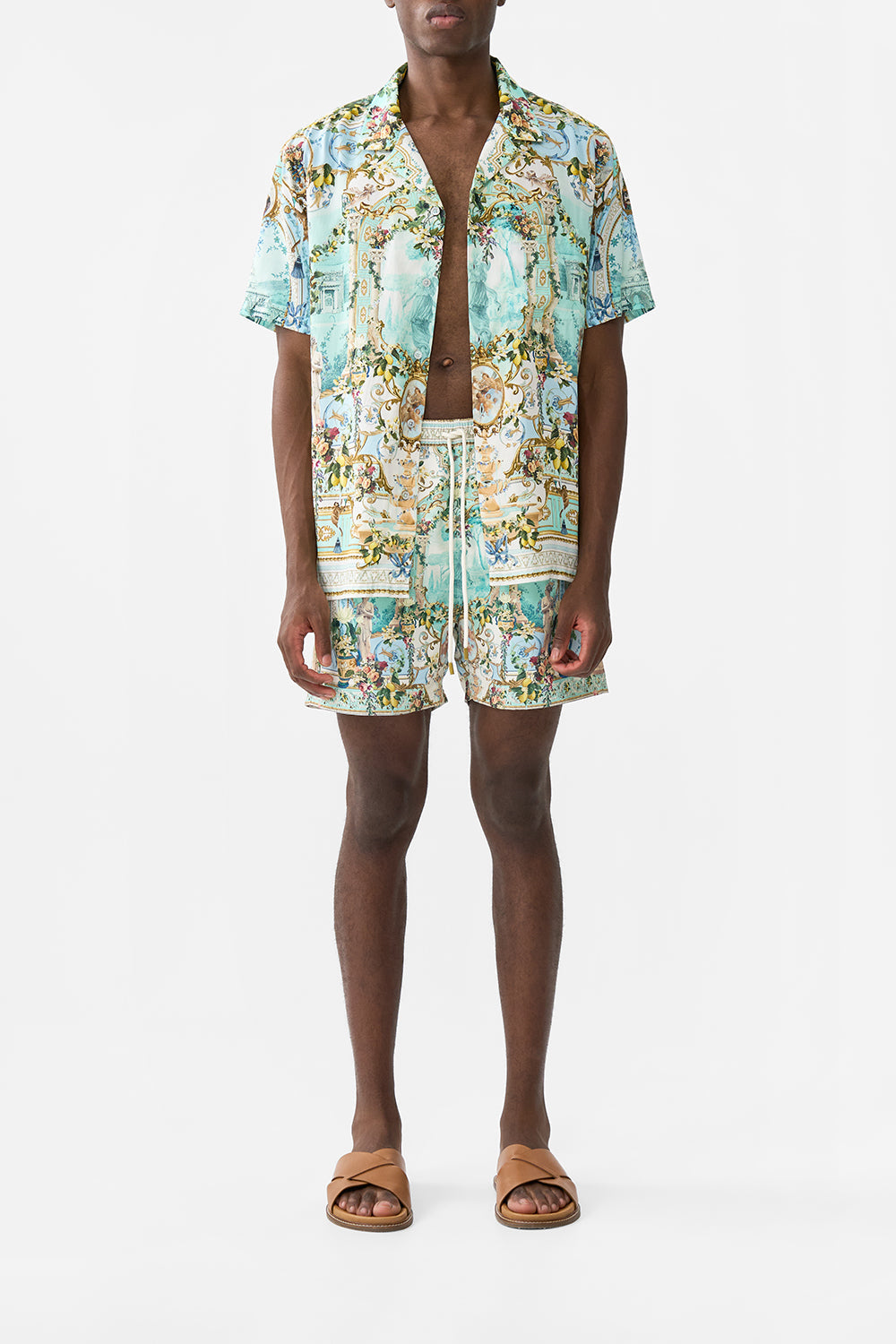 The CAMILLA DEEP V FRILL SHORT SLEEVE TOP MIDNIGHT IN MONSERRATE in our  print.