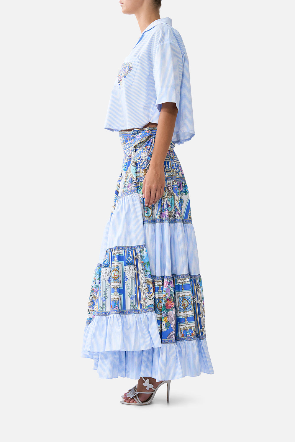The CAMILLA WAISTED DRESS WITH HEM RUFFLE THE BOSPHOROUS in our  print.
