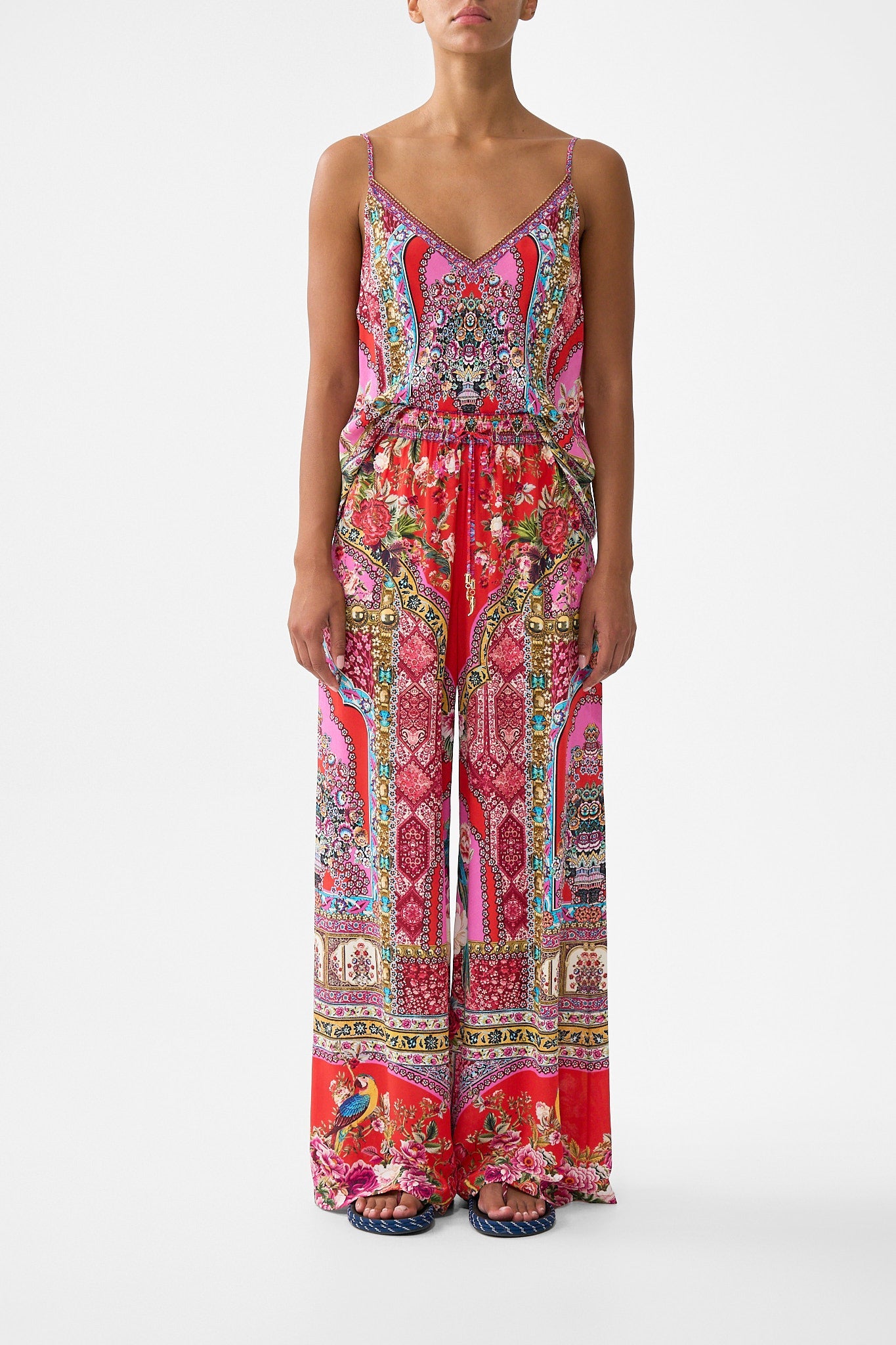 The CAMILLA WOVEN SHORT SARONG WITH MACRAME TIE WAIST FABRIC OF TIME in our  print.