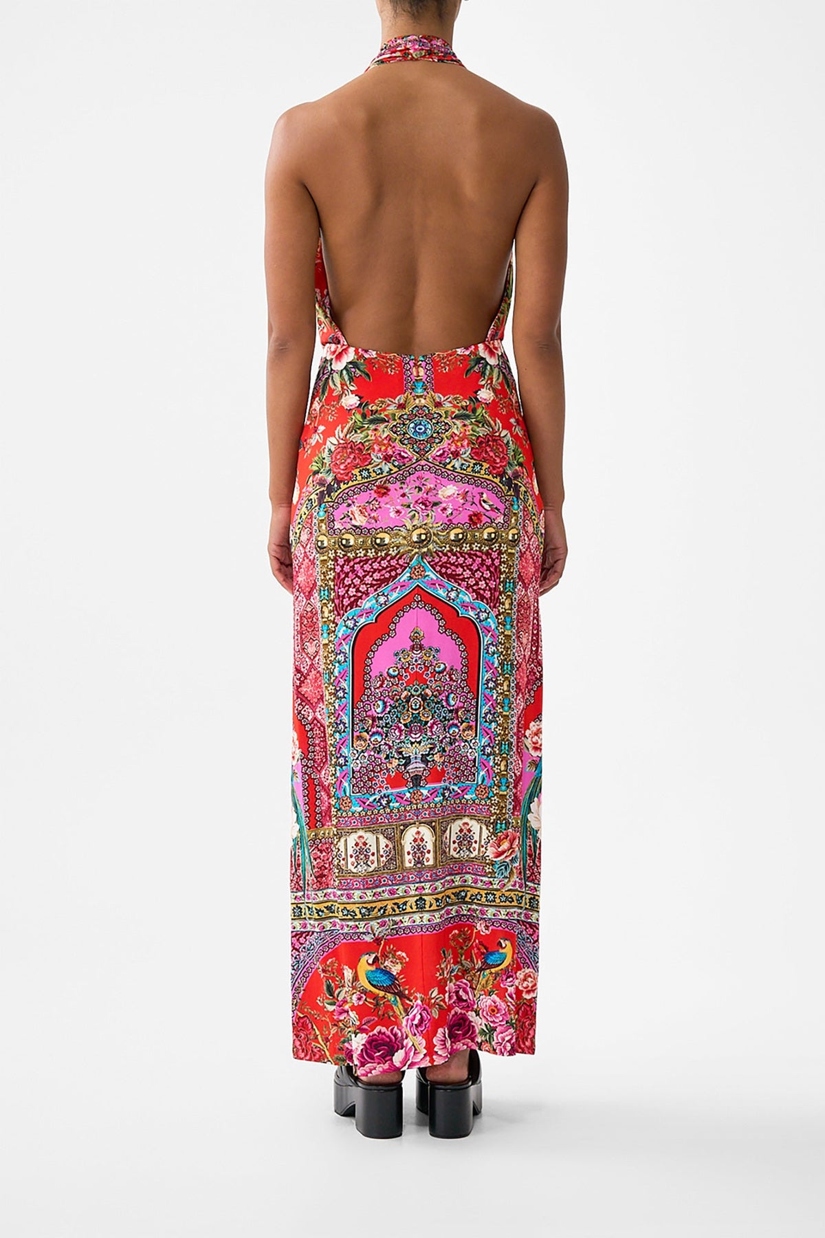 The CAMILLA deep cowl plunge dress from our print heirloom empire