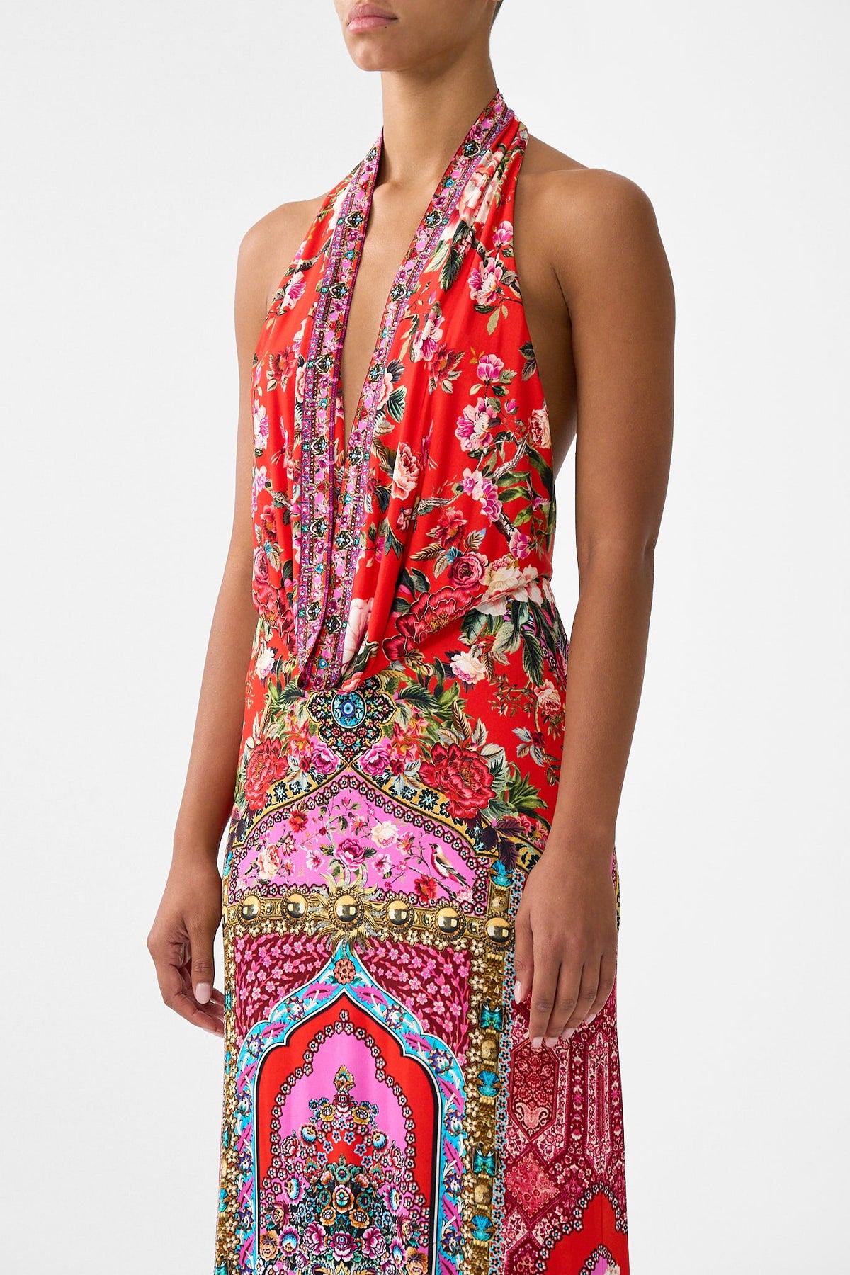 The CAMILLA deep cowl plunge dress from our print heirloom empire
