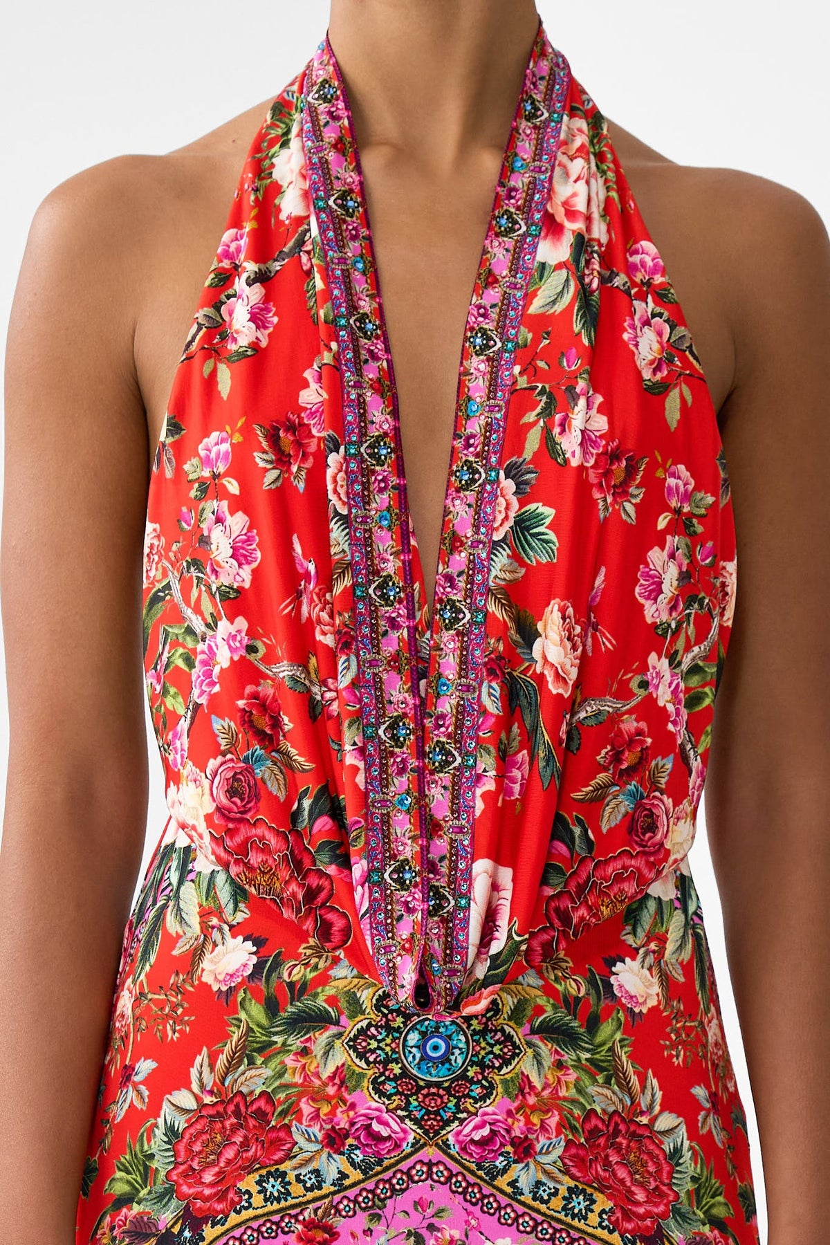 The CAMILLA deep cowl plunge dress from our print heirloom empire