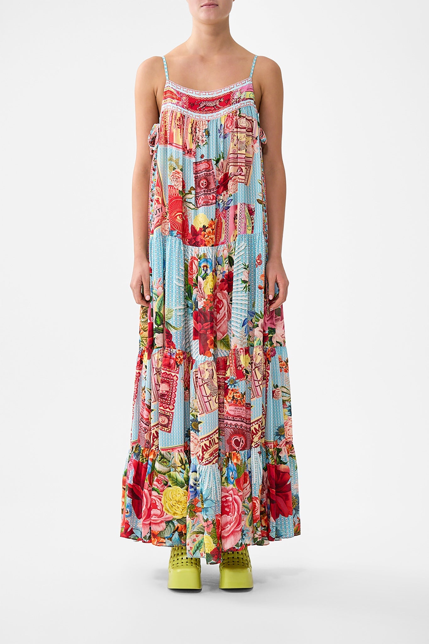 The CAMILLA WAISTED DRESS WITH HEM RUFFLE HEIRLOOM EMPIRE in our  print.