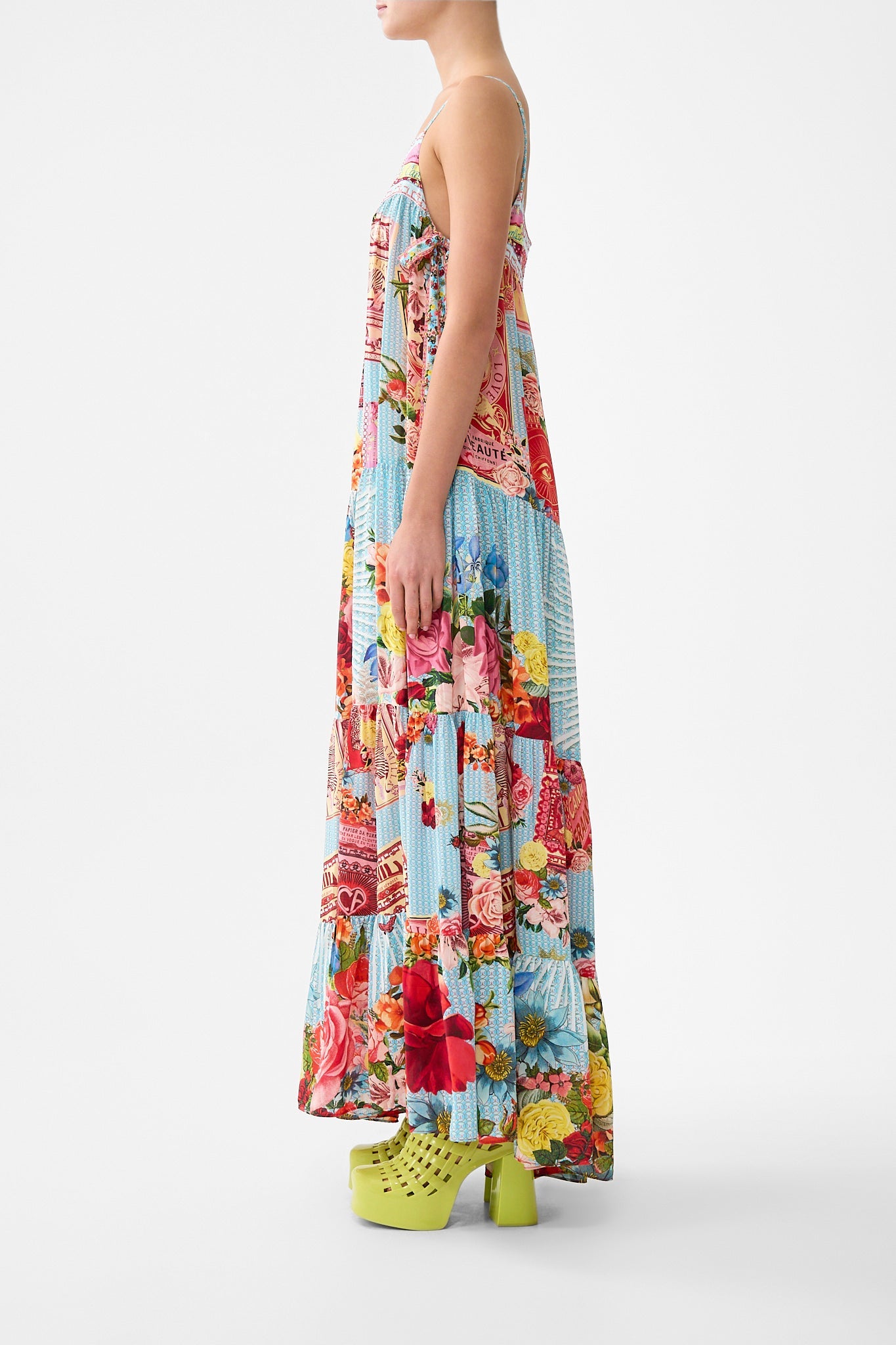 The CAMILLA WAISTED DRESS WITH HEM RUFFLE HEIRLOOM EMPIRE in our  print.