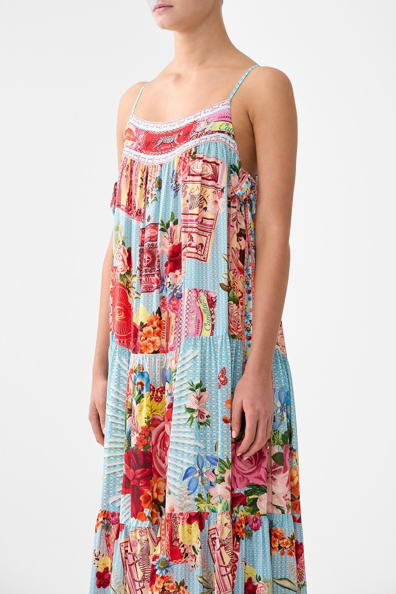 The CAMILLA WAISTED DRESS WITH HEM RUFFLE HEIRLOOM EMPIRE in our  print.