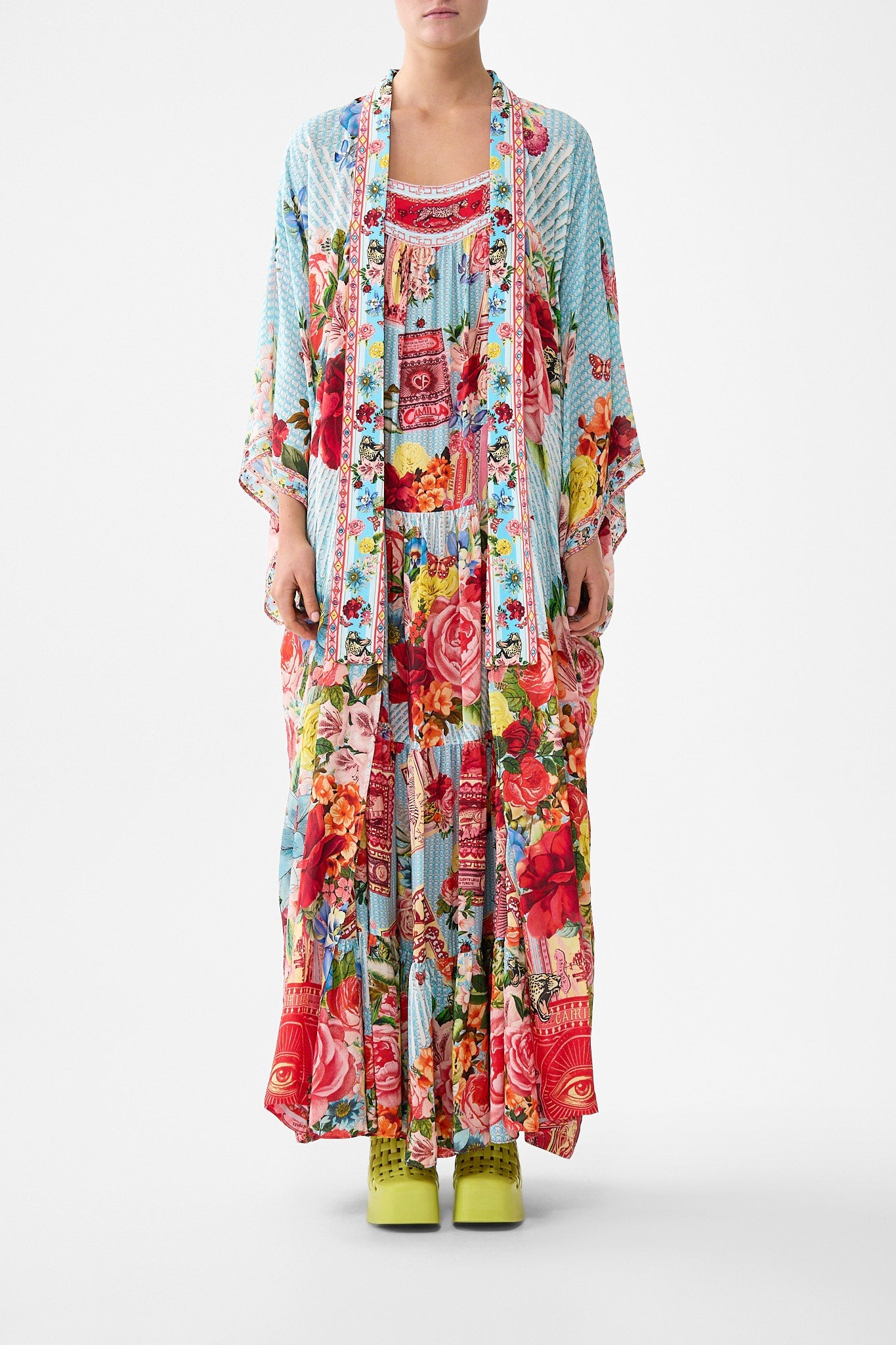 The CAMILLA SHORT ROUND NECK KAFTAN HEIRLOOM EMPIRE in our  print.