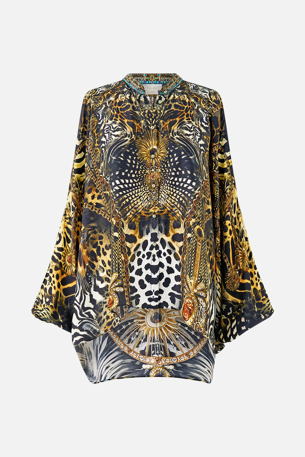 MANDARIN COLLAR COLD SHOULDER BLOUSE FELINE FOLKLORE