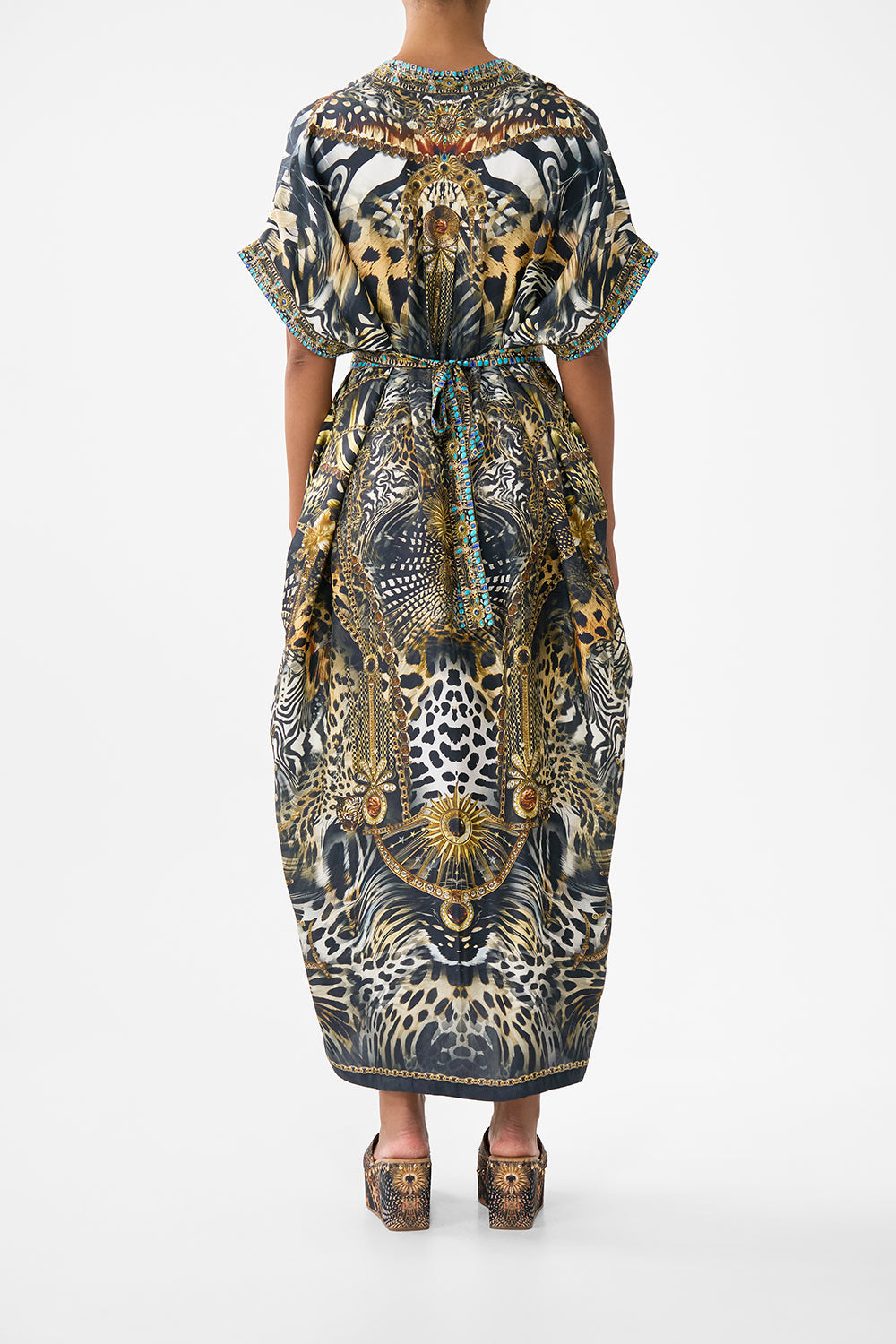 The CAMILLA KIDS STRAPPY BUTTON THROUGH MINI DRESS W BOW HEIRLOOM EMPIRE in our HEIRLOOM EMPIRE print.