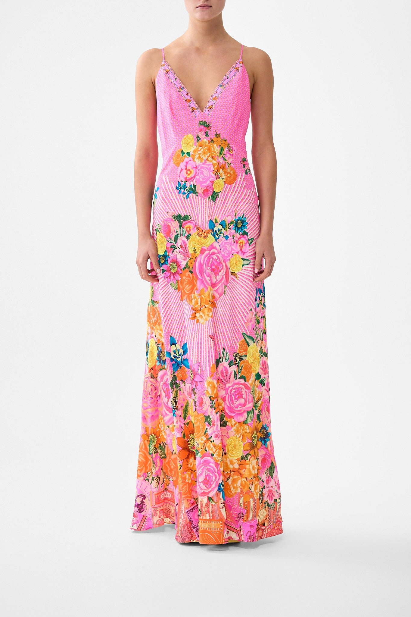 The CAMILLA BUTTON FRONT FRILL DRESS PALATIAL PASTELS in our  print.