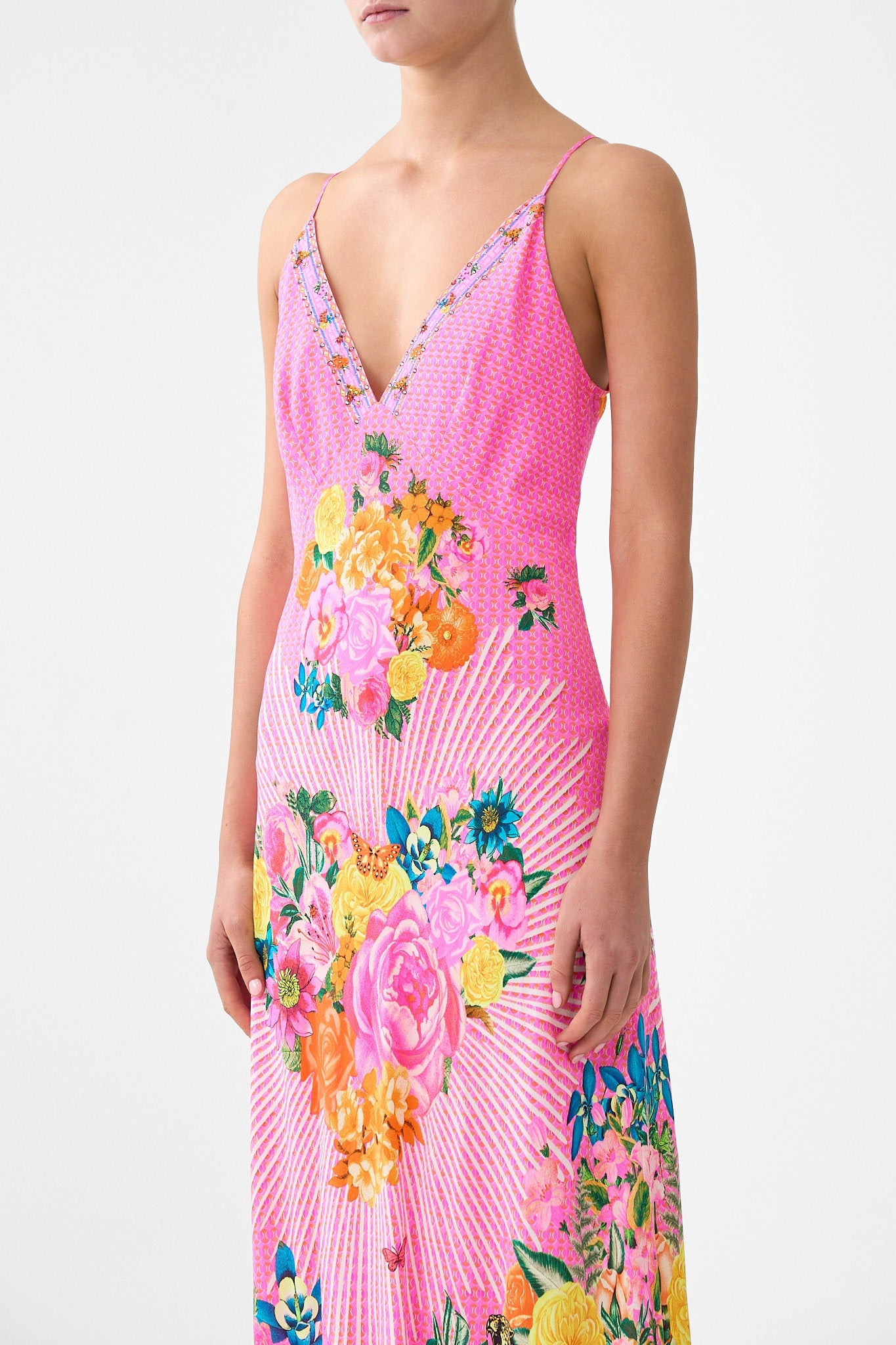 The CAMILLA BUTTON FRONT FRILL DRESS PALATIAL PASTELS in our  print.