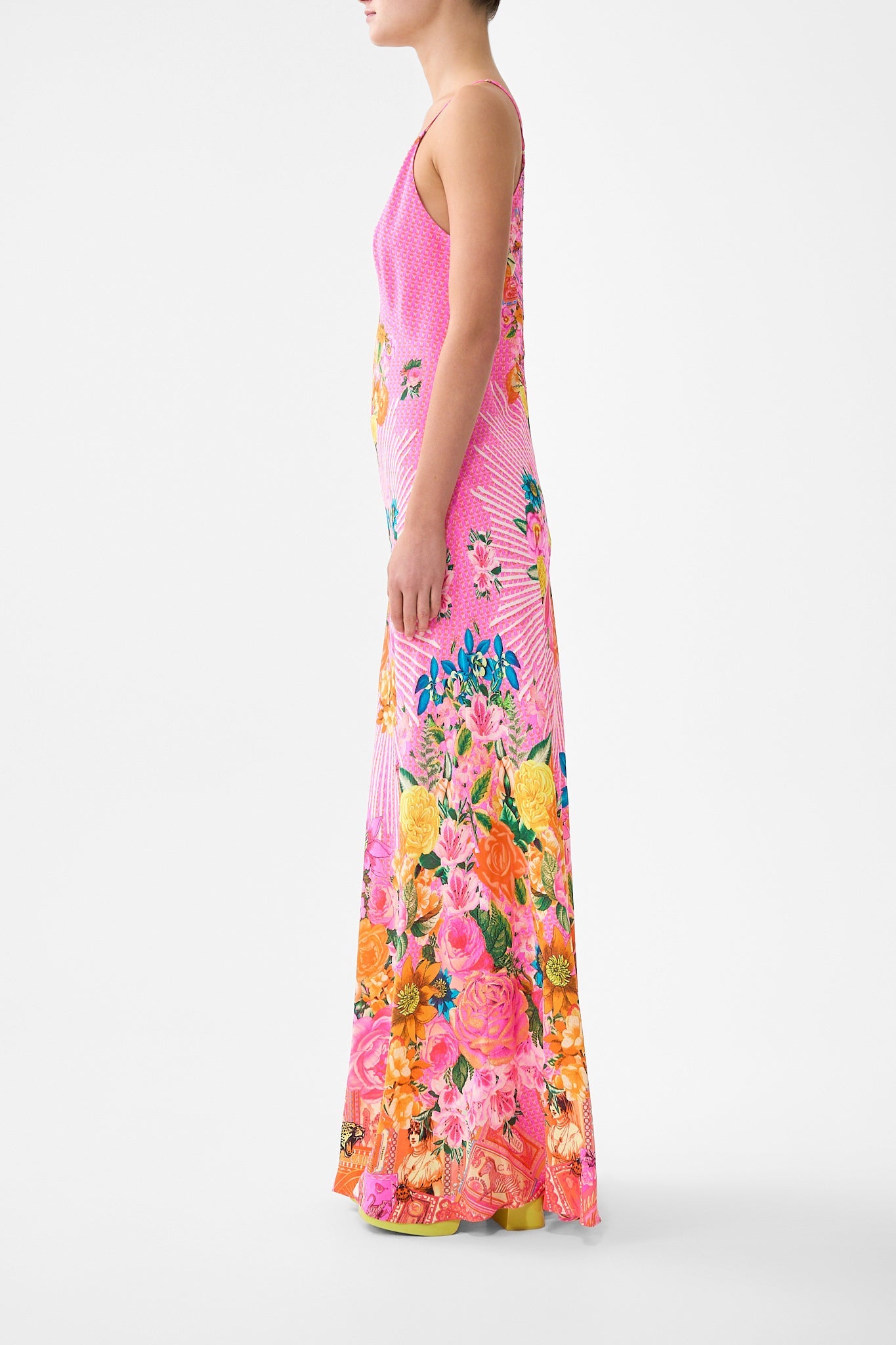 The CAMILLA BUTTON FRONT FRILL DRESS PALATIAL PASTELS in our  print.