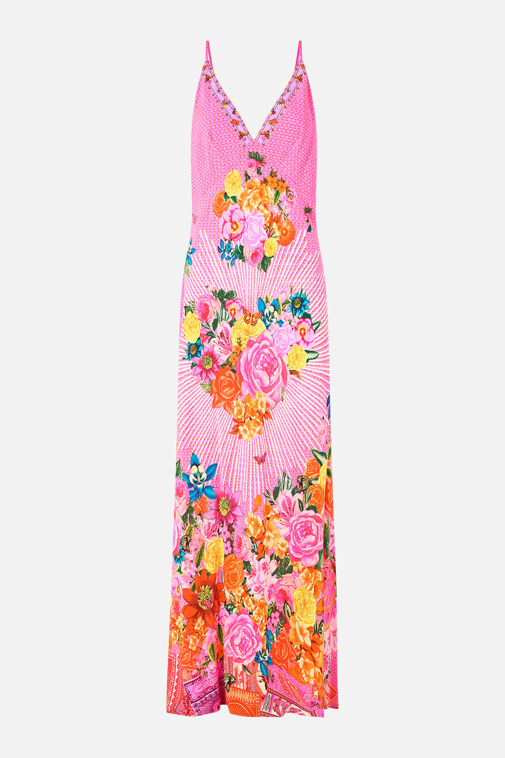 The CAMILLA BUTTON FRONT FRILL DRESS PALATIAL PASTELS in our  print.