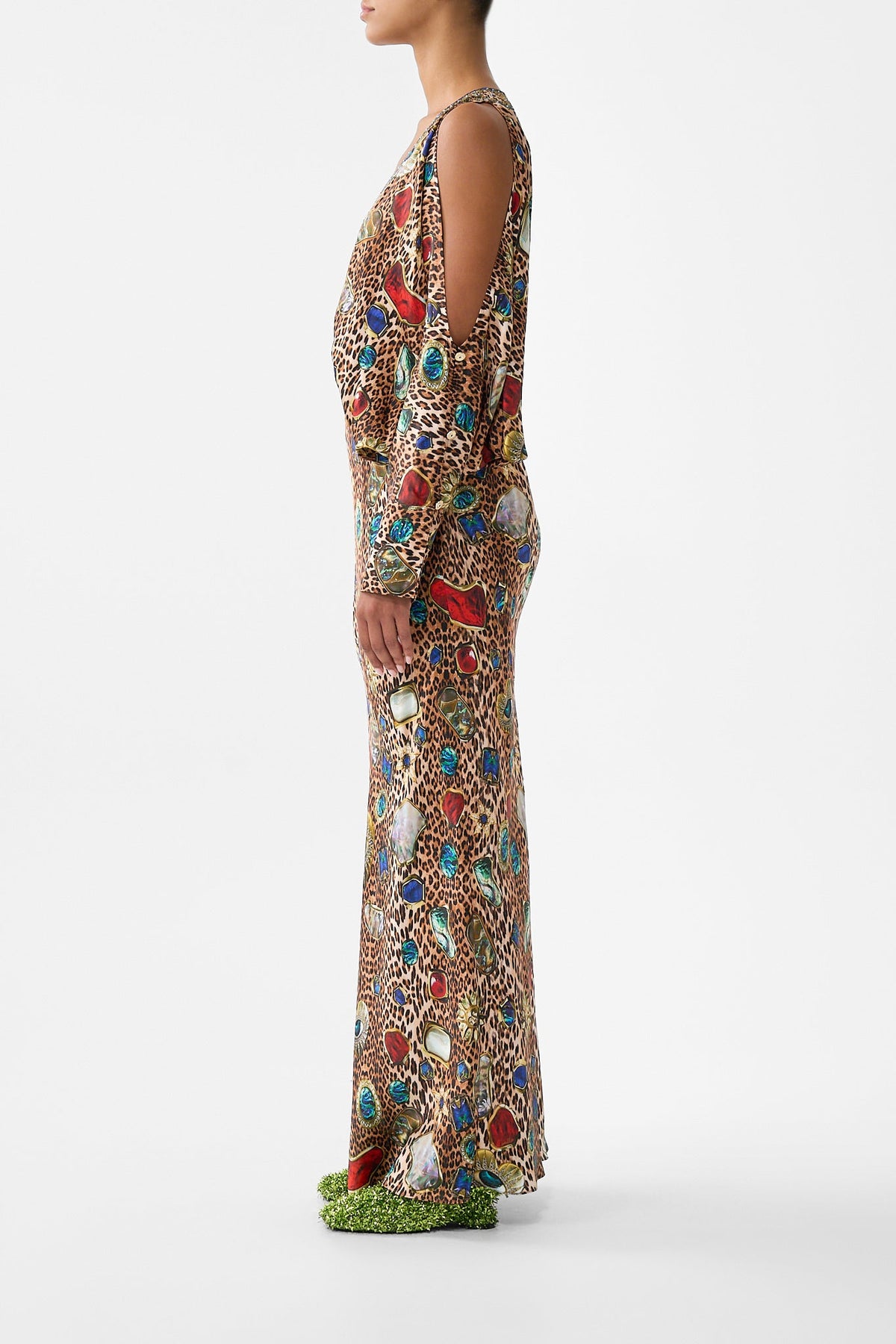 PLUNGE NECK DRAPED SHOULDER DRESS NAZAR NIRVANA