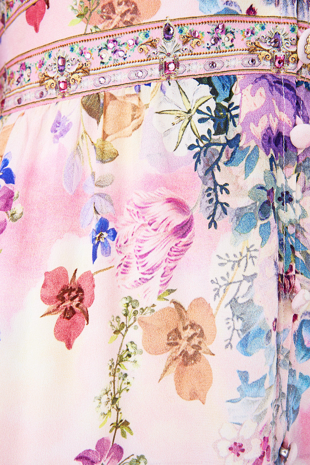 The CAMILLA TIE WAIST STRAPLESS JUMPSUIT MINIATURE MOMENTS in our  print.