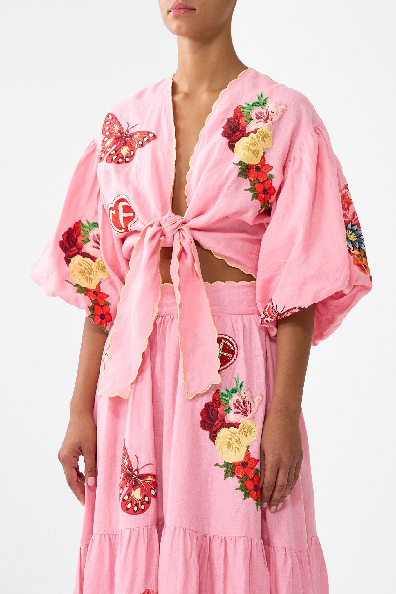 The CAMILLA CROPPED BLOUSON SLEEVE TIE FRONT TOP LEGEND HAS IT in our  print.