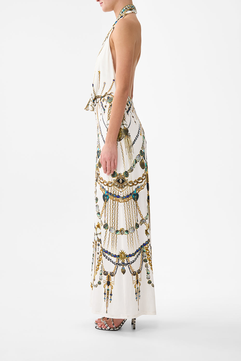 The CAMILLA deep cowl plunge dress from our print chain gang, side model view