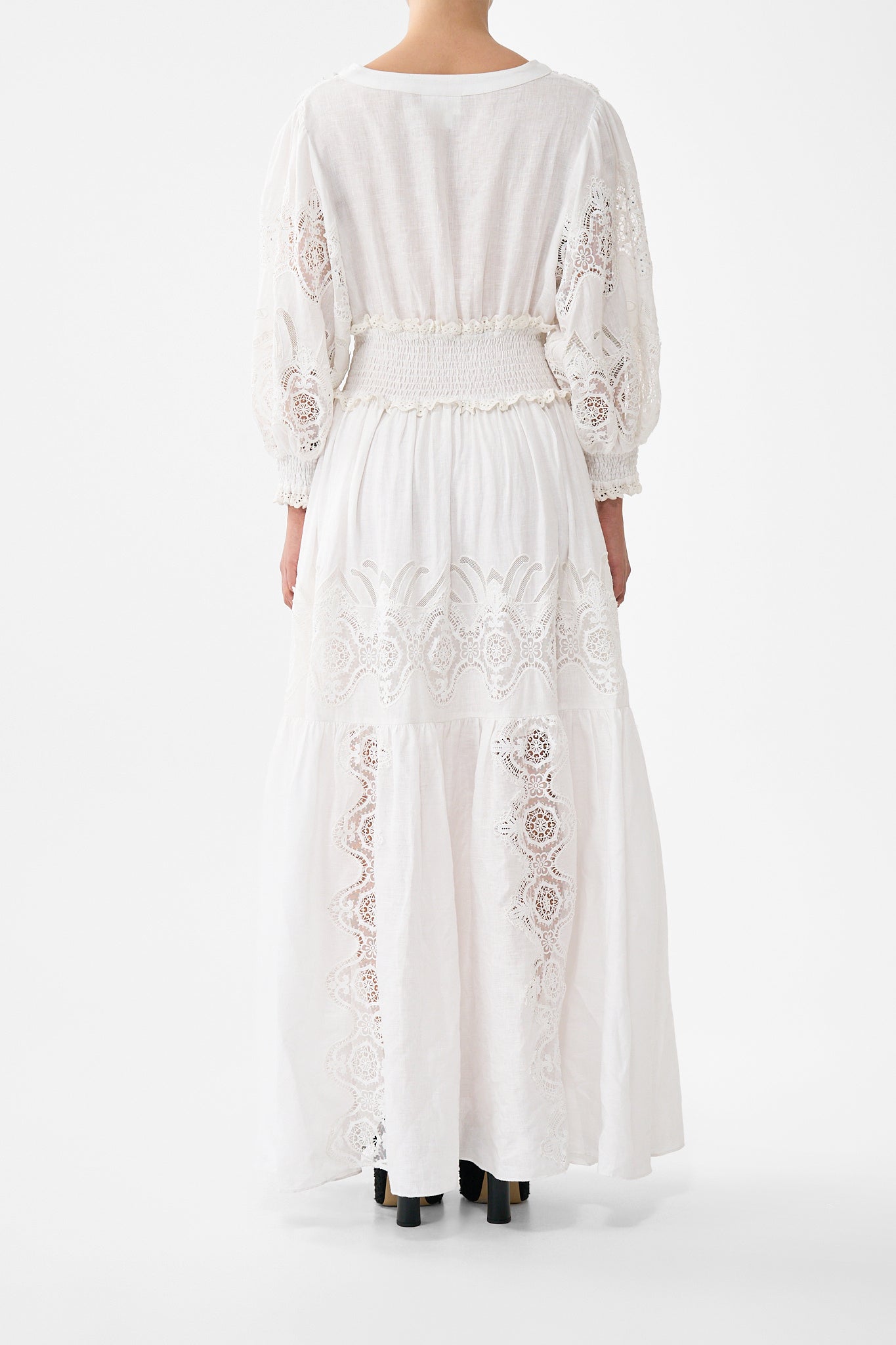 The CAMILLA V-NECK LONG BIAS SLIP DRESS WITH TRAIN PALATIAL PASTELS in our  print.