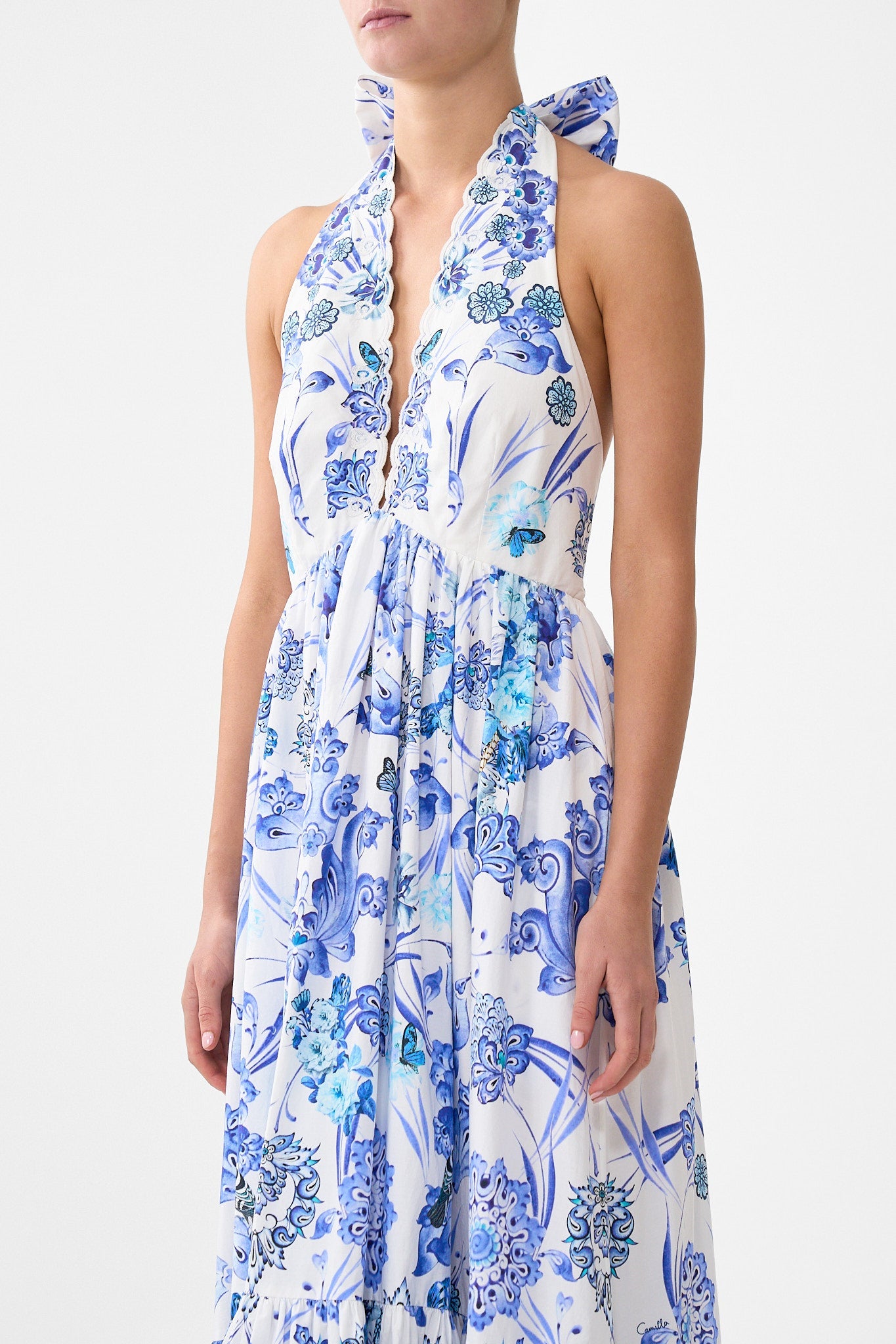 The CAMILLA BIAS CUT MIDI DRESS WITH LACE INSERT PALATIAL PASTELS in our  print.