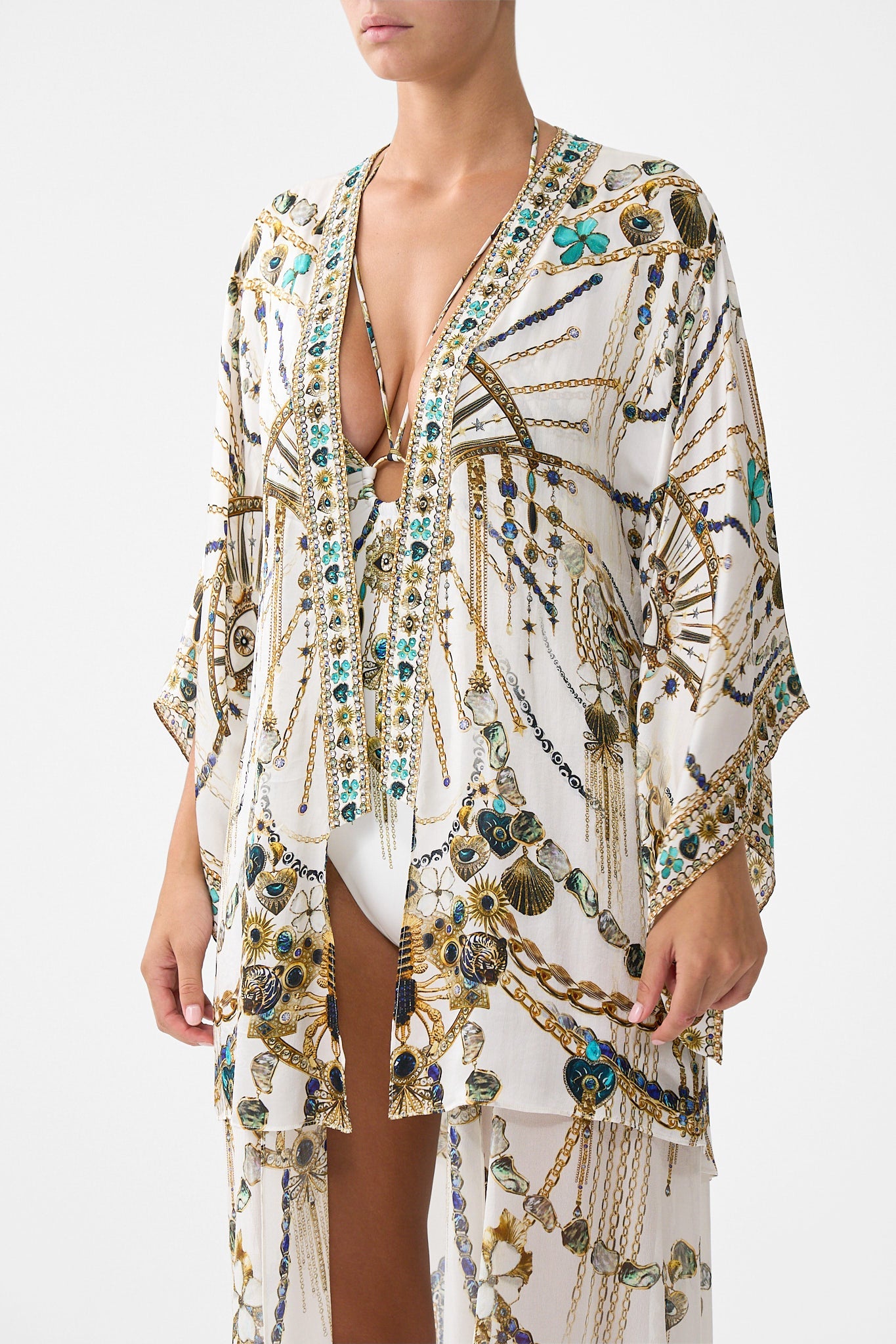 The CAMILLA SLIM FIT KAFTAN WITH SPLIT HEIRLOOM EMPIRE in our  print.