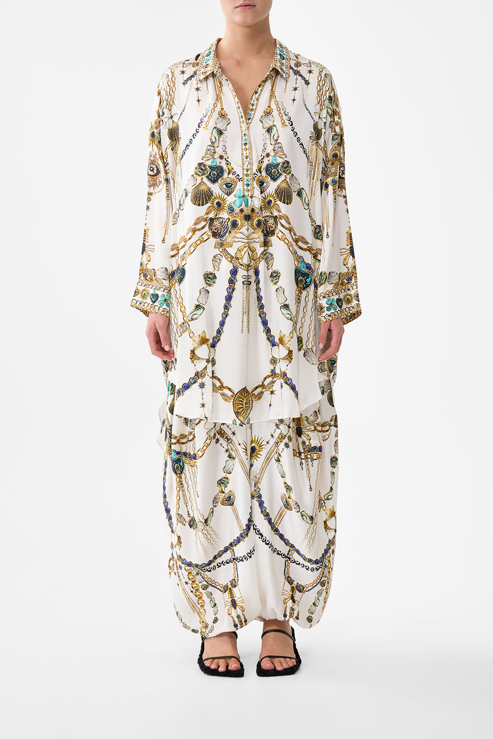 The CAMILLA STRAPLESS JUMPSUIT WITH FRILL HEIRLOOM EMPIRE in our  print.