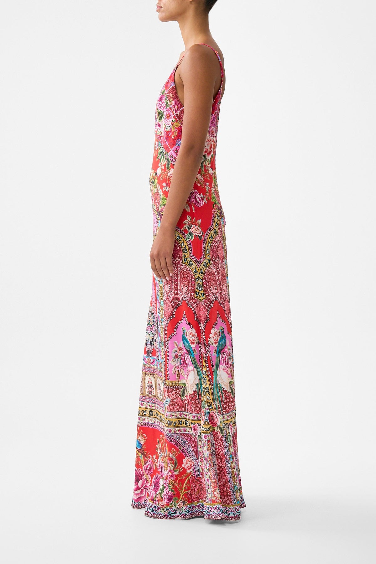 The CAMILLA RUFFLE HEM HALTER SHORT DRESS BODRUM BOTANICALS in our BODRUM BOTANICALS print.