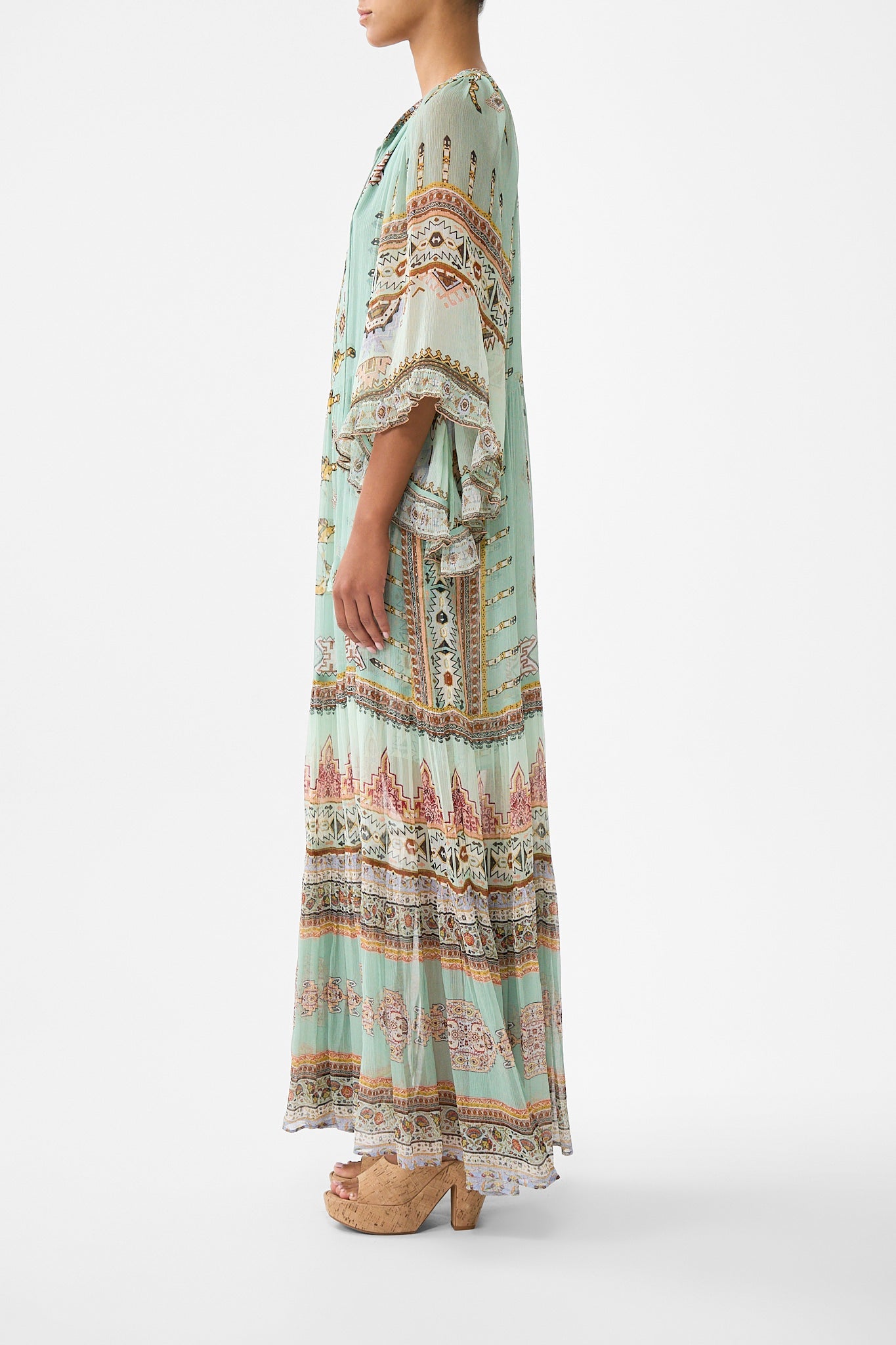 The CAMILLA CRINKLE STRETCH SCOOP NECK ONE PIECE WITH STRAP TRIMS FELINE FOLKLORE in our  print.