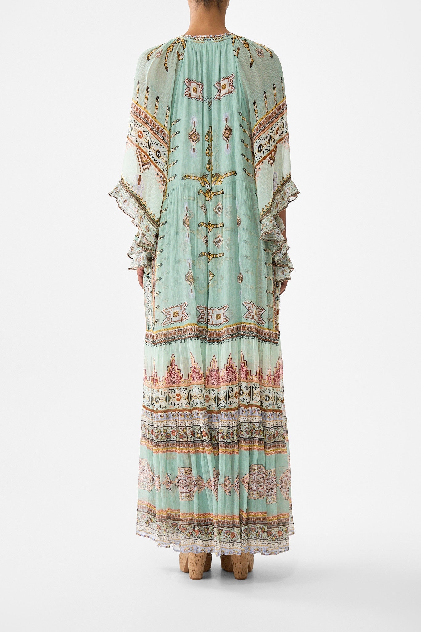 The CAMILLA CRINKLE STRETCH SCOOP NECK ONE PIECE WITH STRAP TRIMS FELINE FOLKLORE in our  print.