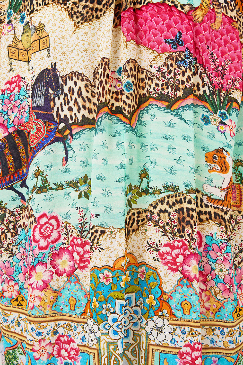 The CAMILLA BUTTON FRONT FRILL DRESS PALATIAL PASTELS in our  print.