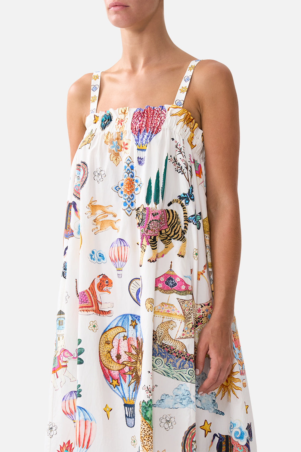 The CAMILLA TIE FRONT PUFF SLEEVE TOP HEIRLOOM EMPIRE in our HEIRLOOM EMPIRE print.