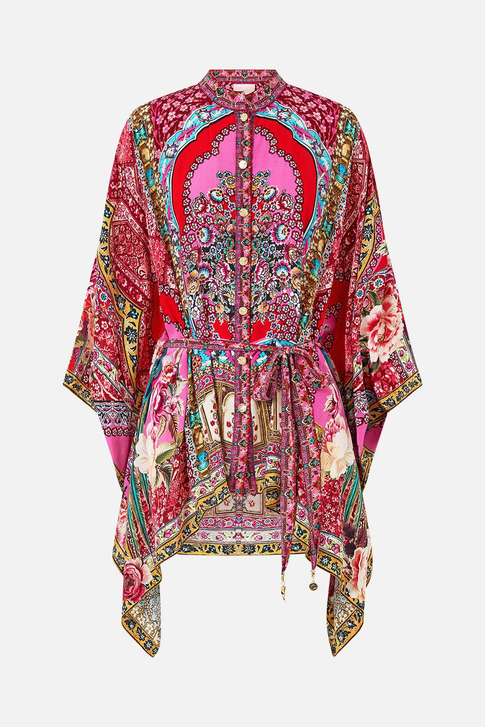 The CAMILLA BUTTON THROUGH SCARF BLOUSE BODRUM BOTANICALS in our  print.