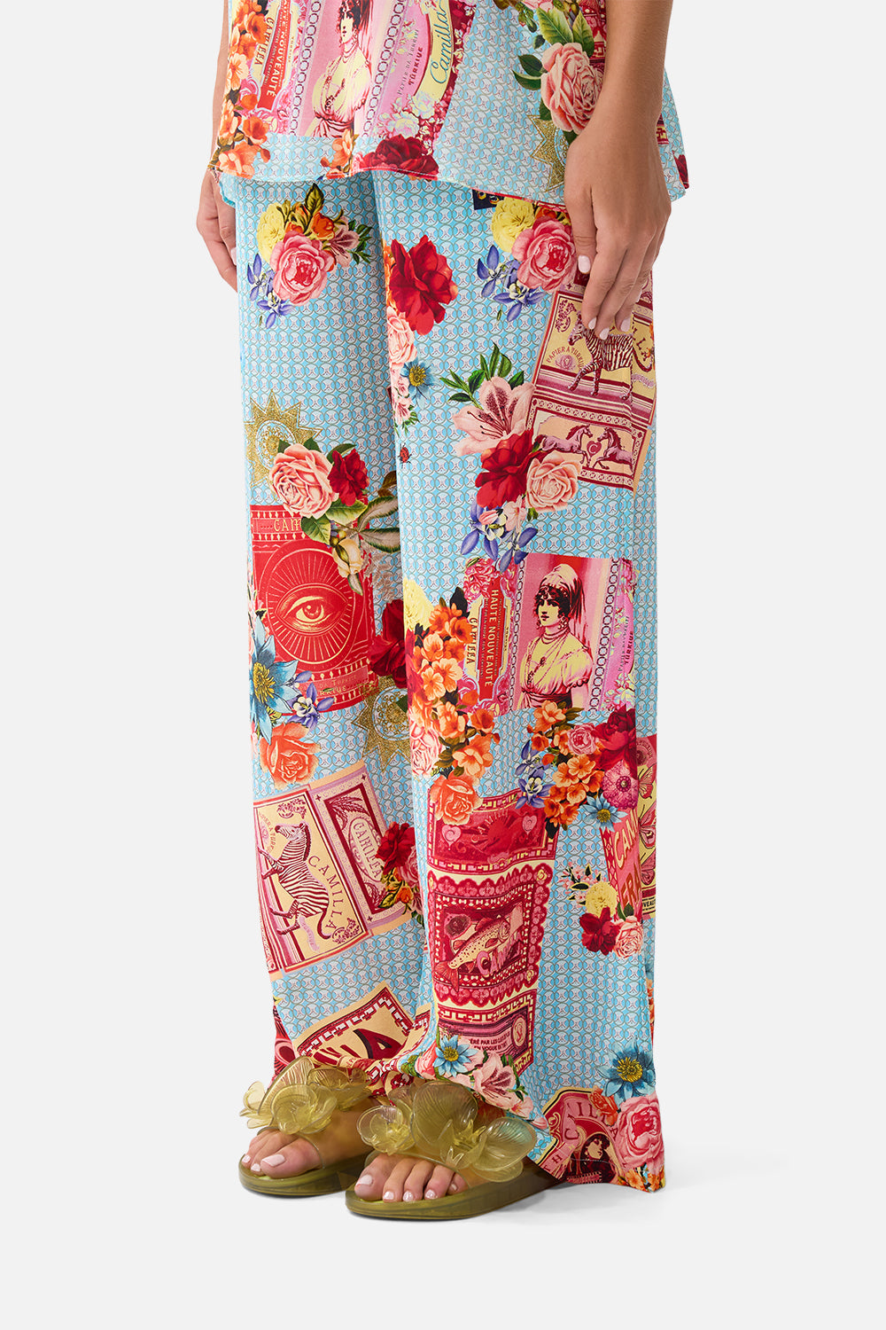 The CAMILLA LONG SPLIT FRONT TWIST DRESS FELINE FOLKLORE in our  print.
