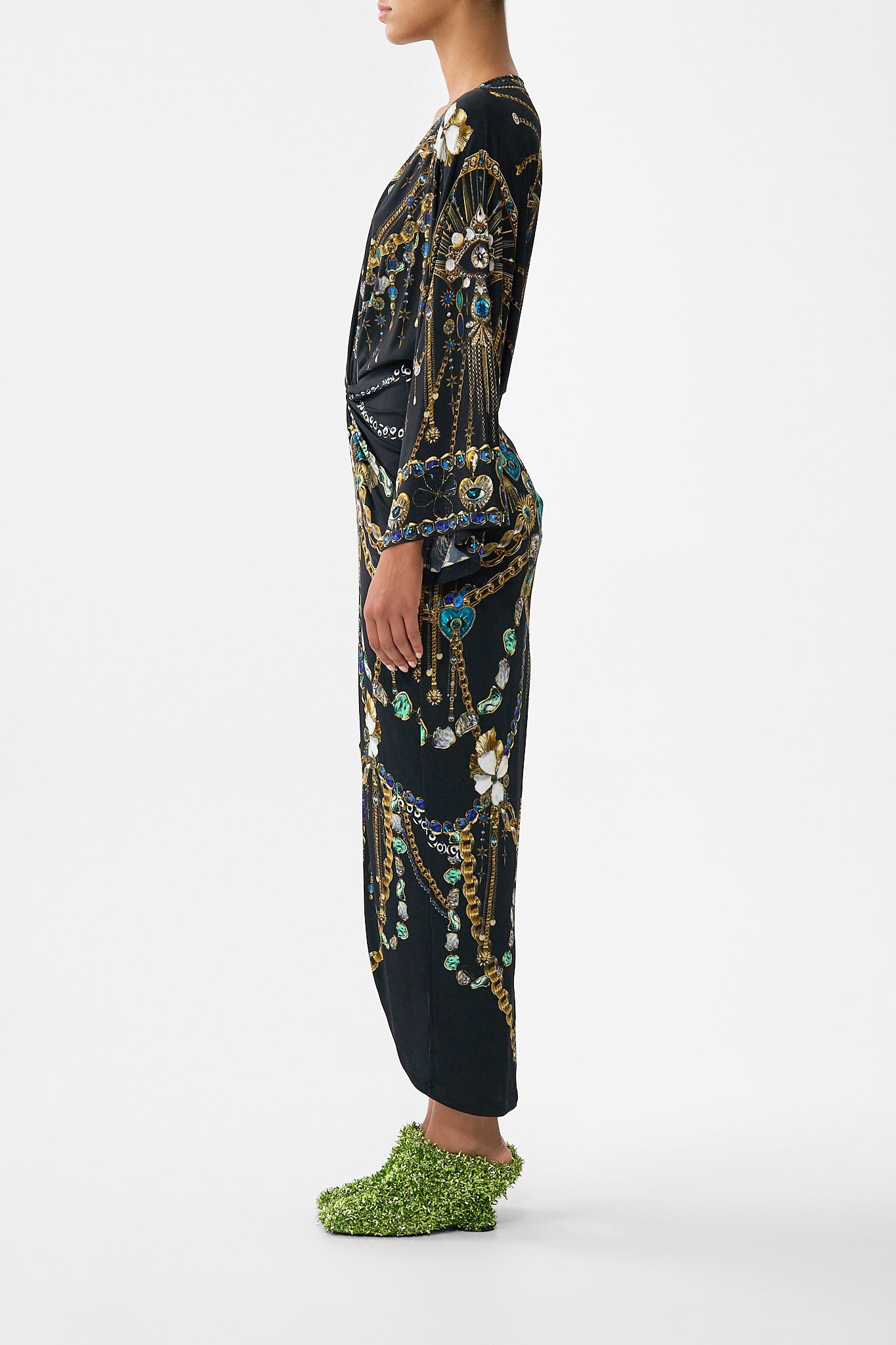 The CAMILLA LONG DRESS WITH TIE FRONT THE POTTERY PARLOUR in our  print.
