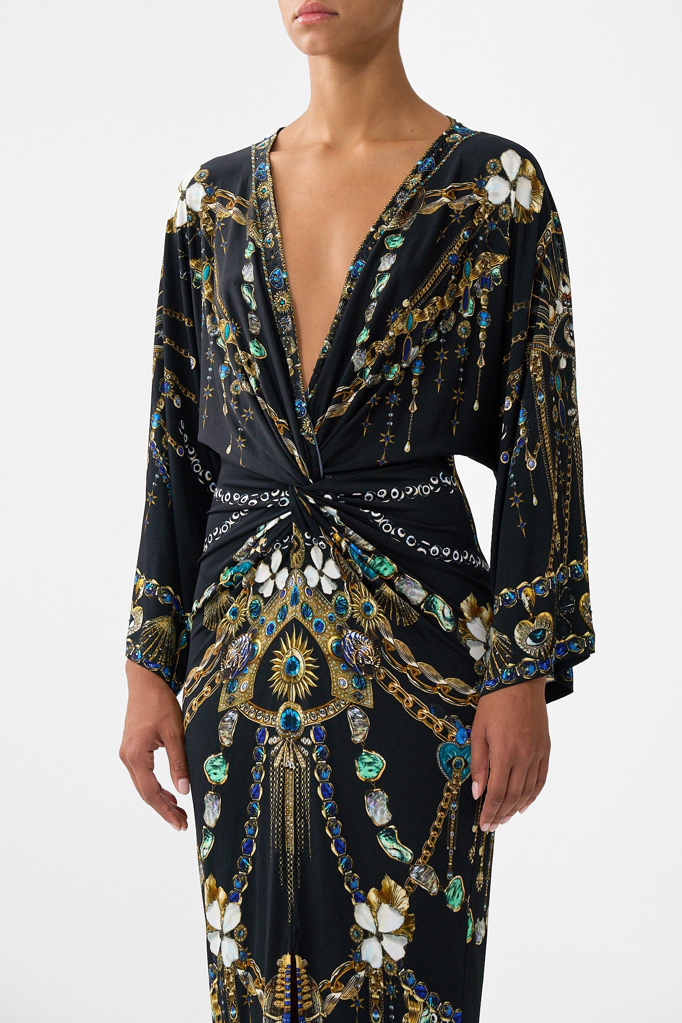 The CAMILLA LONG DRESS WITH TIE FRONT THE POTTERY PARLOUR in our  print.