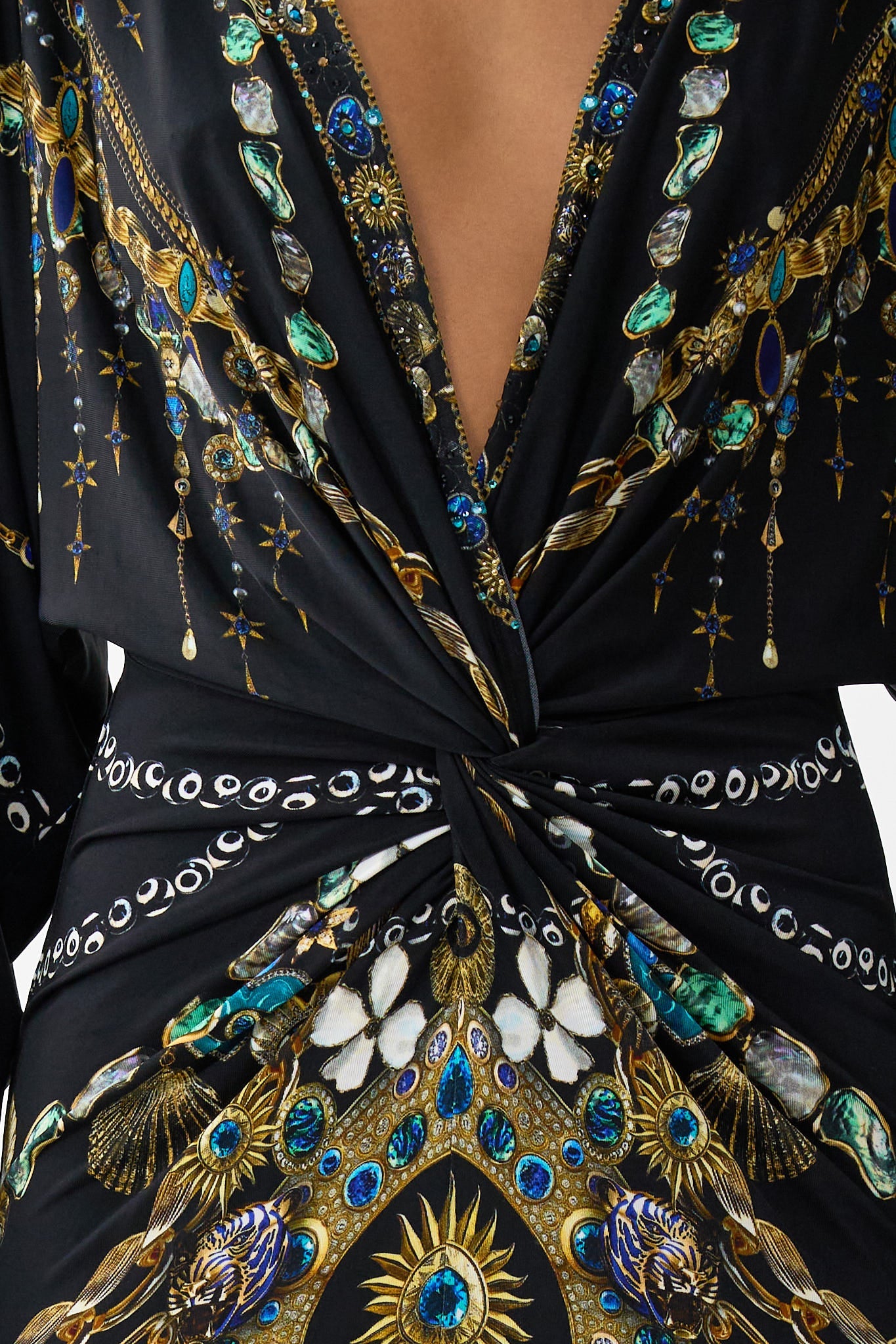 The CAMILLA LONG DRESS WITH TIE FRONT THE POTTERY PARLOUR in our  print.