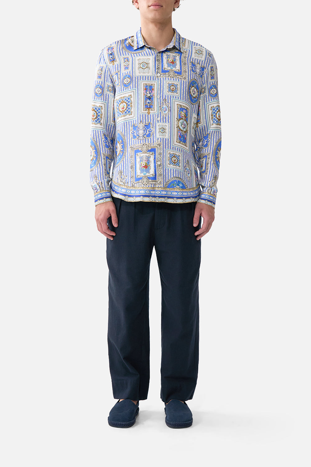 The CAMILLA CROPPED COLLAR BLOUSE WITH BUTTON FRONT KAPADOKYA KITSCH in our  print.