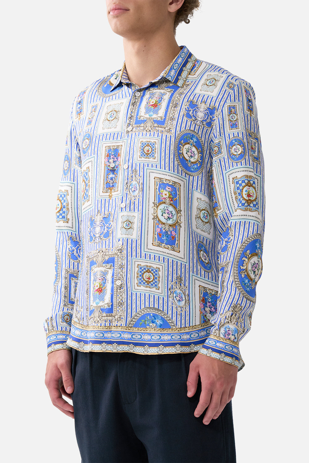The CAMILLA CROPPED COLLAR BLOUSE WITH BUTTON FRONT KAPADOKYA KITSCH in our  print.