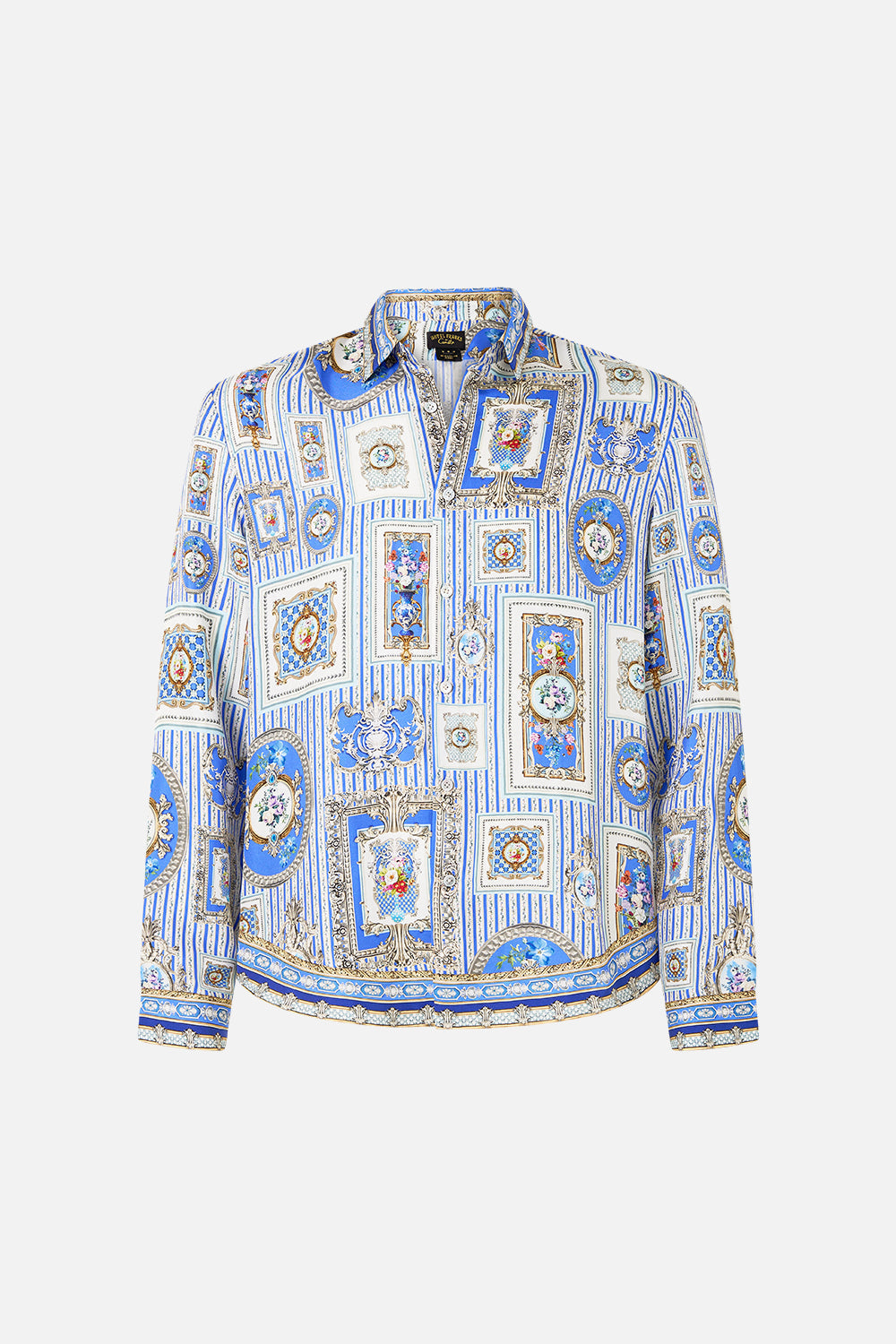 The CAMILLA CROPPED COLLAR BLOUSE WITH BUTTON FRONT KAPADOKYA KITSCH in our  print.