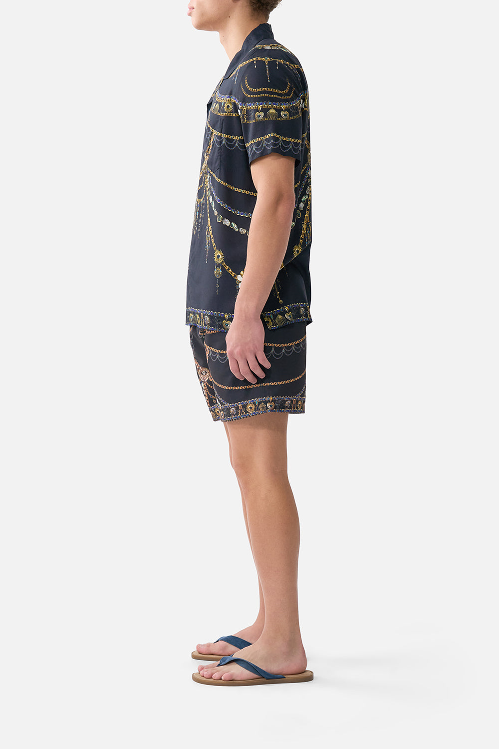 The CAMILLA short sleeve camp collared shirt from our print amulets and alchemy, side model view
