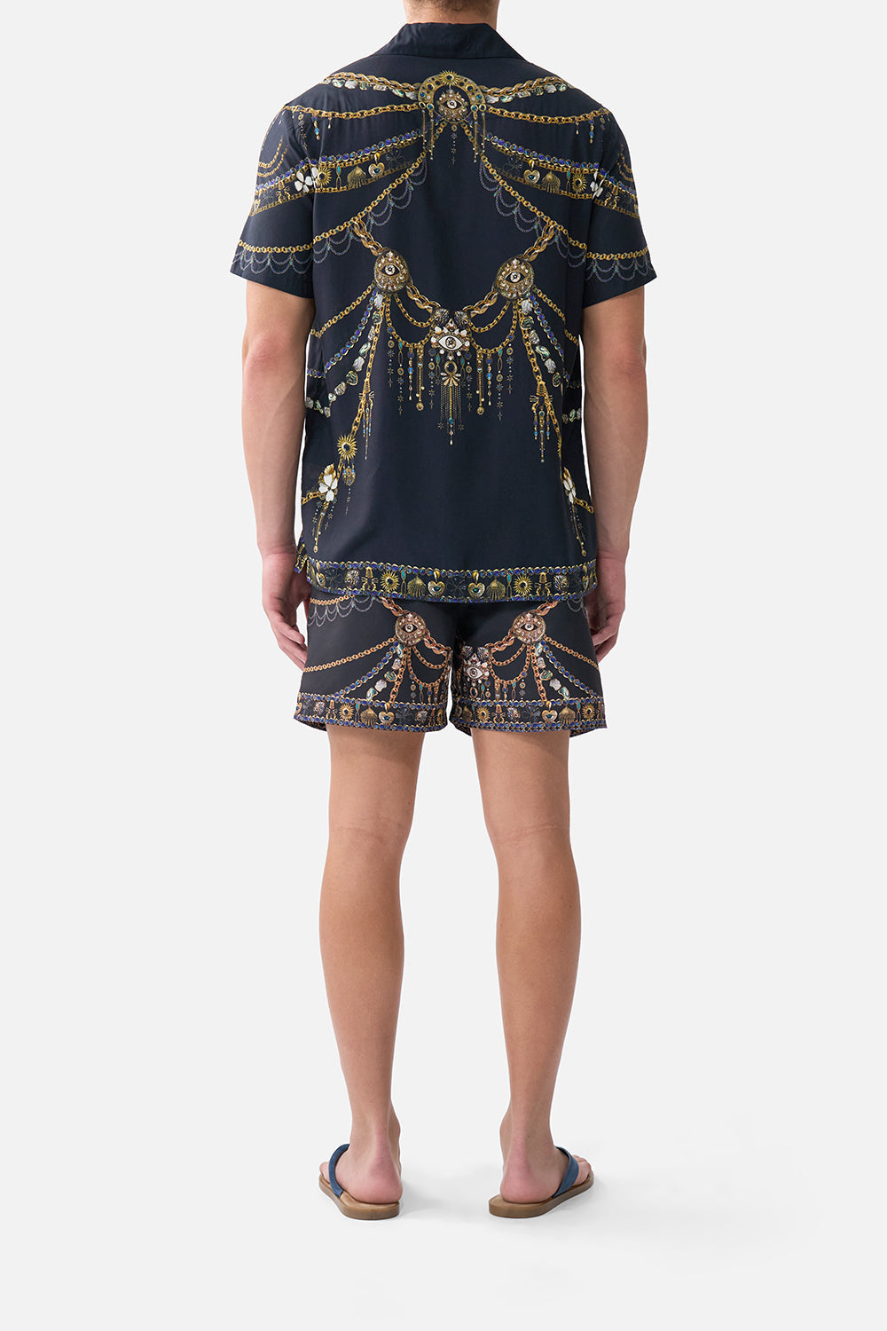 The CAMILLA short sleeve camp collared shirt from our print amulets and alchemy, back model view