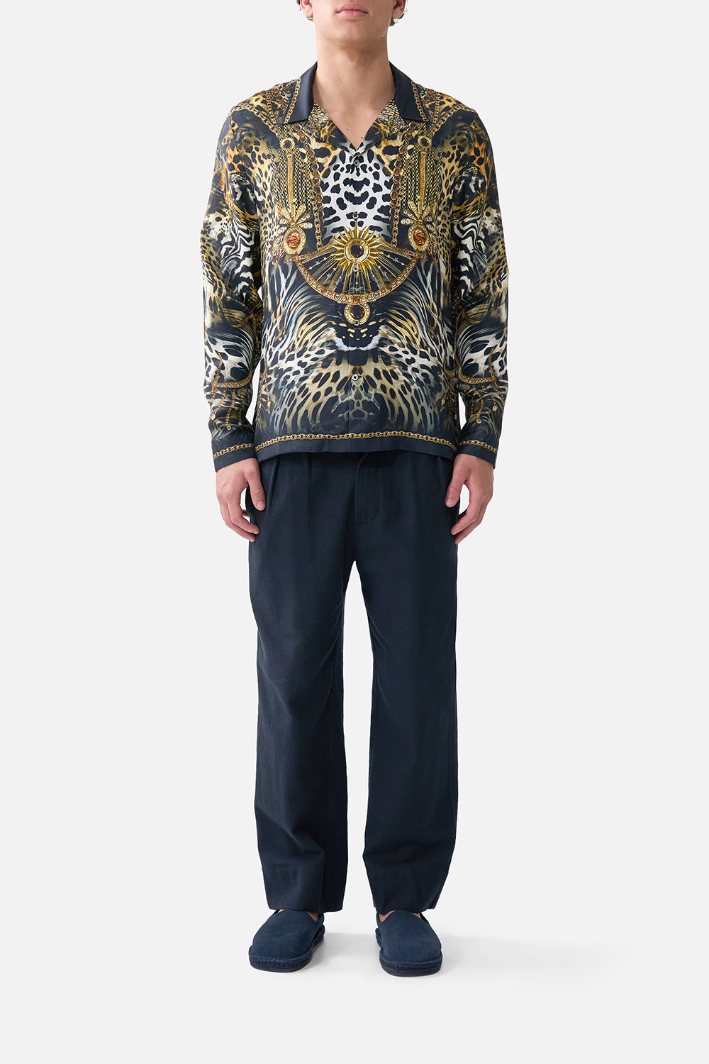 The CAMILLA long sleeve camp collared shirt from our print feline folklore, front model view