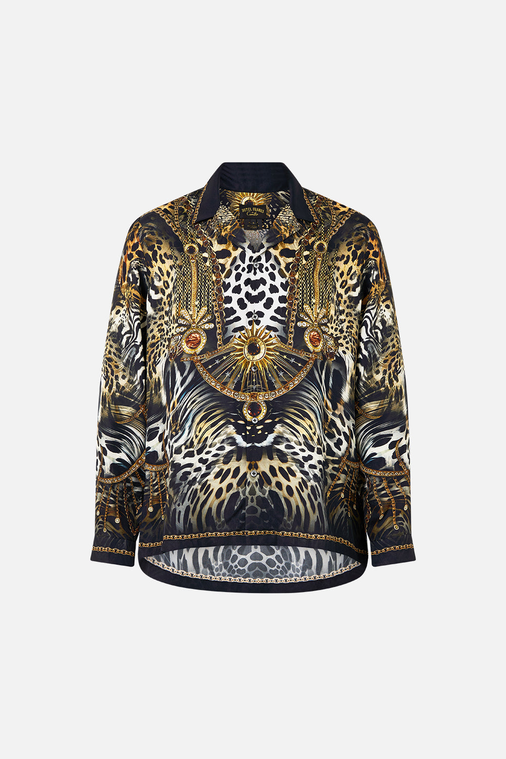 The CAMILLA long sleeve camp collared shirt from our print feline folklore, front product view