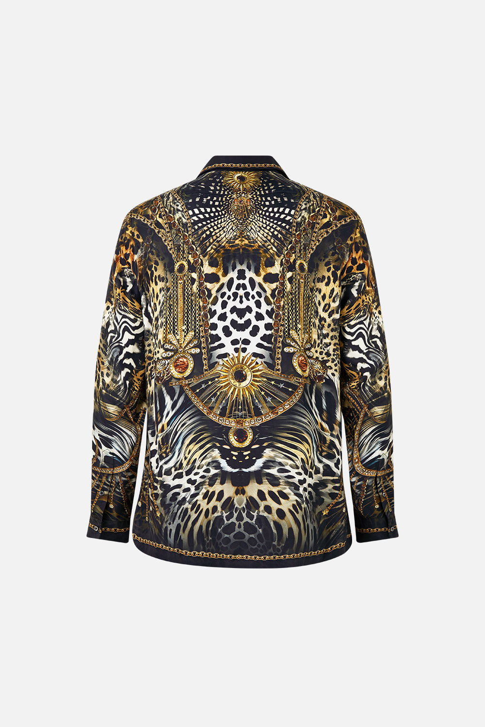 The CAMILLA long sleeve camp collared shirt from our print feline folklore, back product view