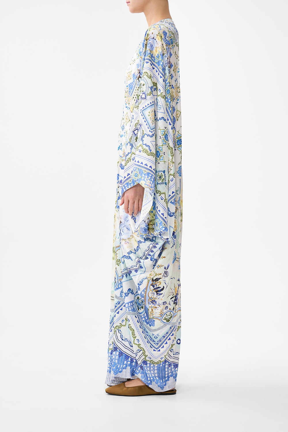The CAMILLA SHORT FLARED DRESS WITH MACRAME DETAIL FABRIC OF TIME in our  print.