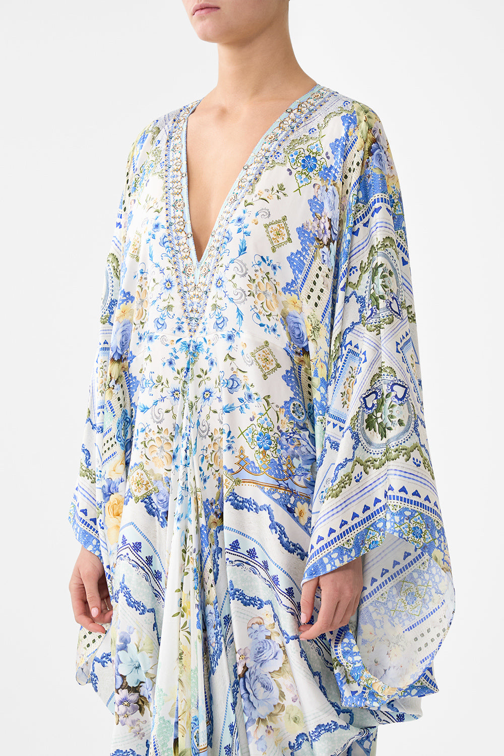 The CAMILLA SHORT FLARED DRESS WITH MACRAME DETAIL FABRIC OF TIME in our  print.