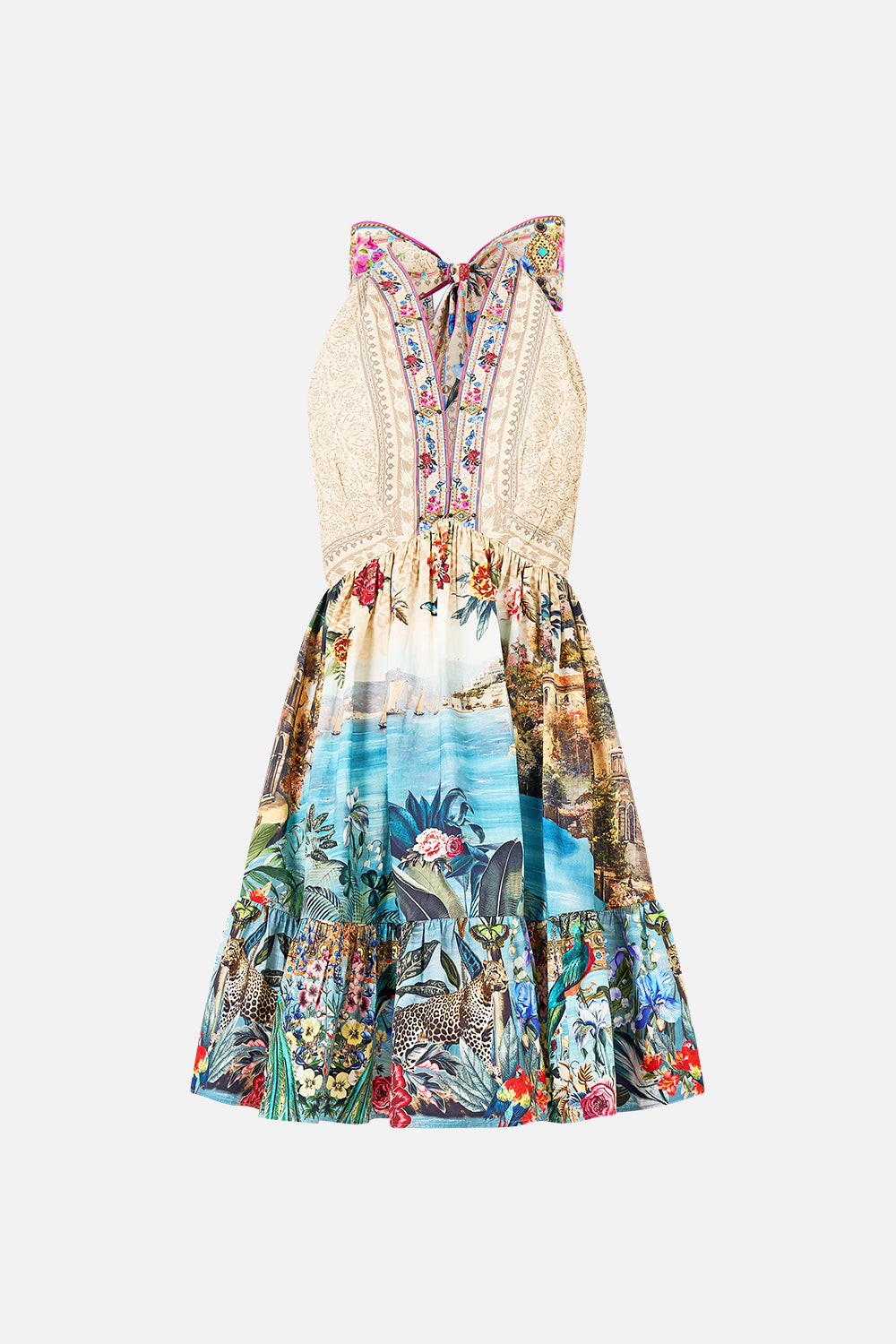 The CAMILLA SHAPED WAISTBAND DRESS WITH FLUTTER SLEEVES JUNGLE FLIGHT in our  print.